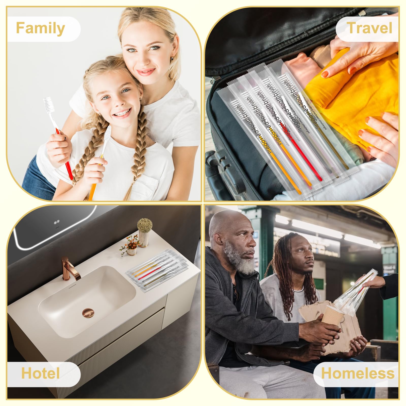 500 spazzolini da denti usa e getta preincollati, confezionati singolarmente, con setole morbide, set di spazzolini da denti da viaggio per senzatetto, regalo per hotel, campeggio, viaggi