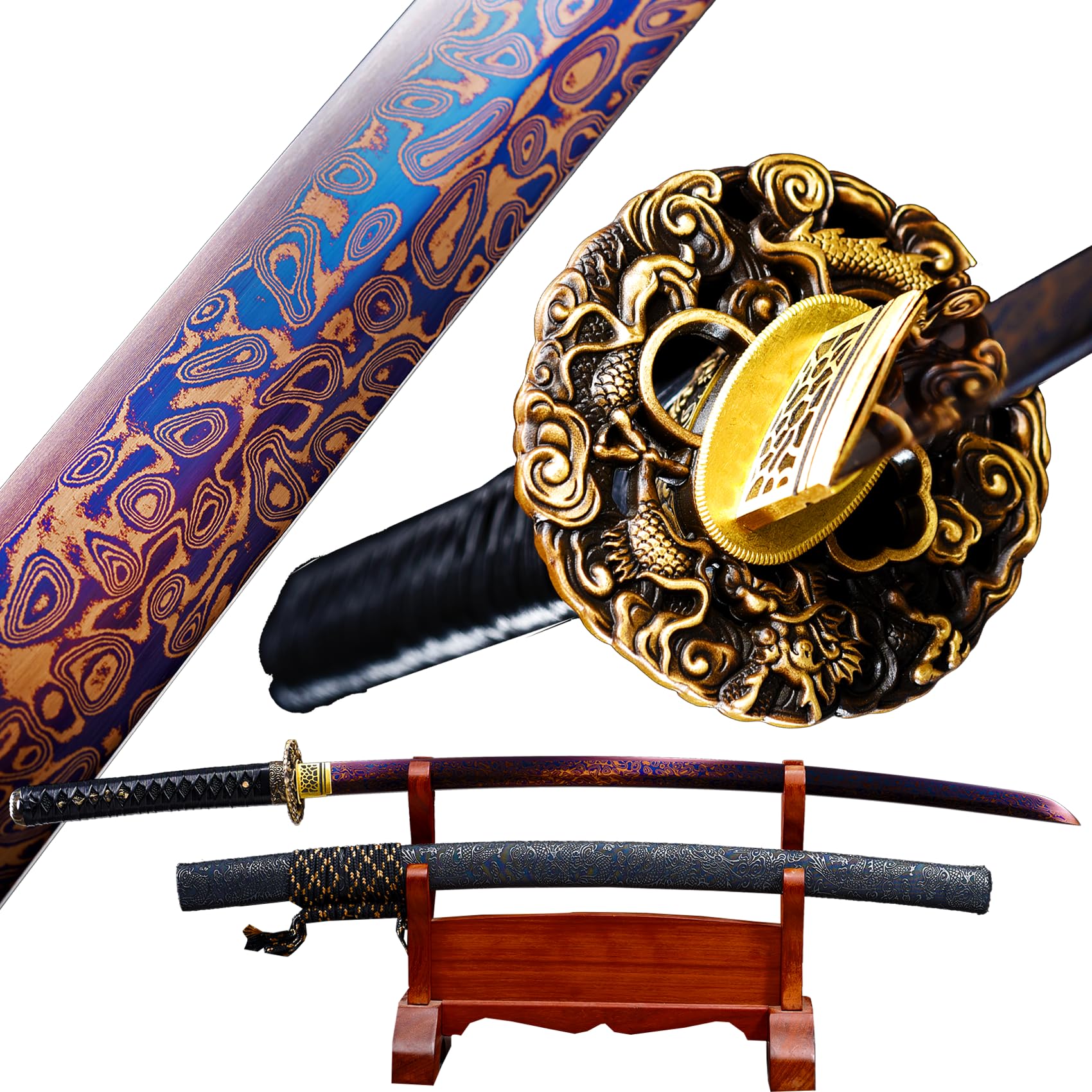 Exquisite Pattern Japanese Samurai Dragon Sword Katana Folded Steel Blue Purple Blade