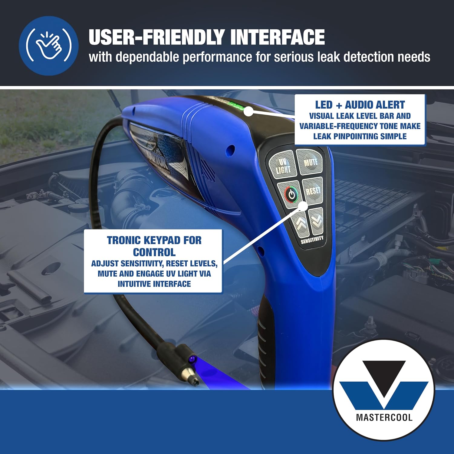 Mastercool 56200 Raptor Leak Detector with UV Light – Corona Discharge Sensor, Dual Detection (Electronic + UV), SAE J1627, 16" Probe