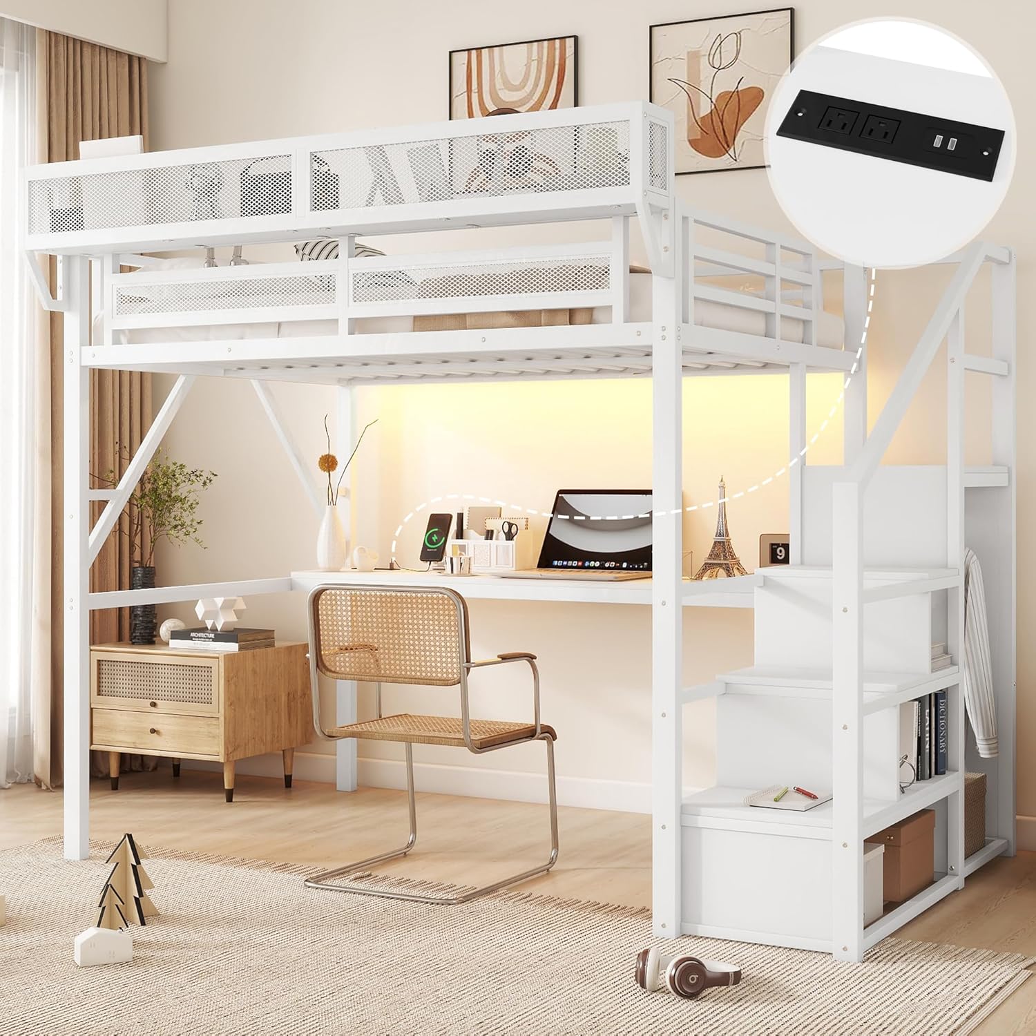 Full Loft Bed with Desk and Stairs, Heavy-Duty Metal Loft Beds with RGB Light & Charging Station, Metal Loft Bed Frame with Shelves and Wardrobe, for Boys Girl, Teens, No Box Spring Needed, White