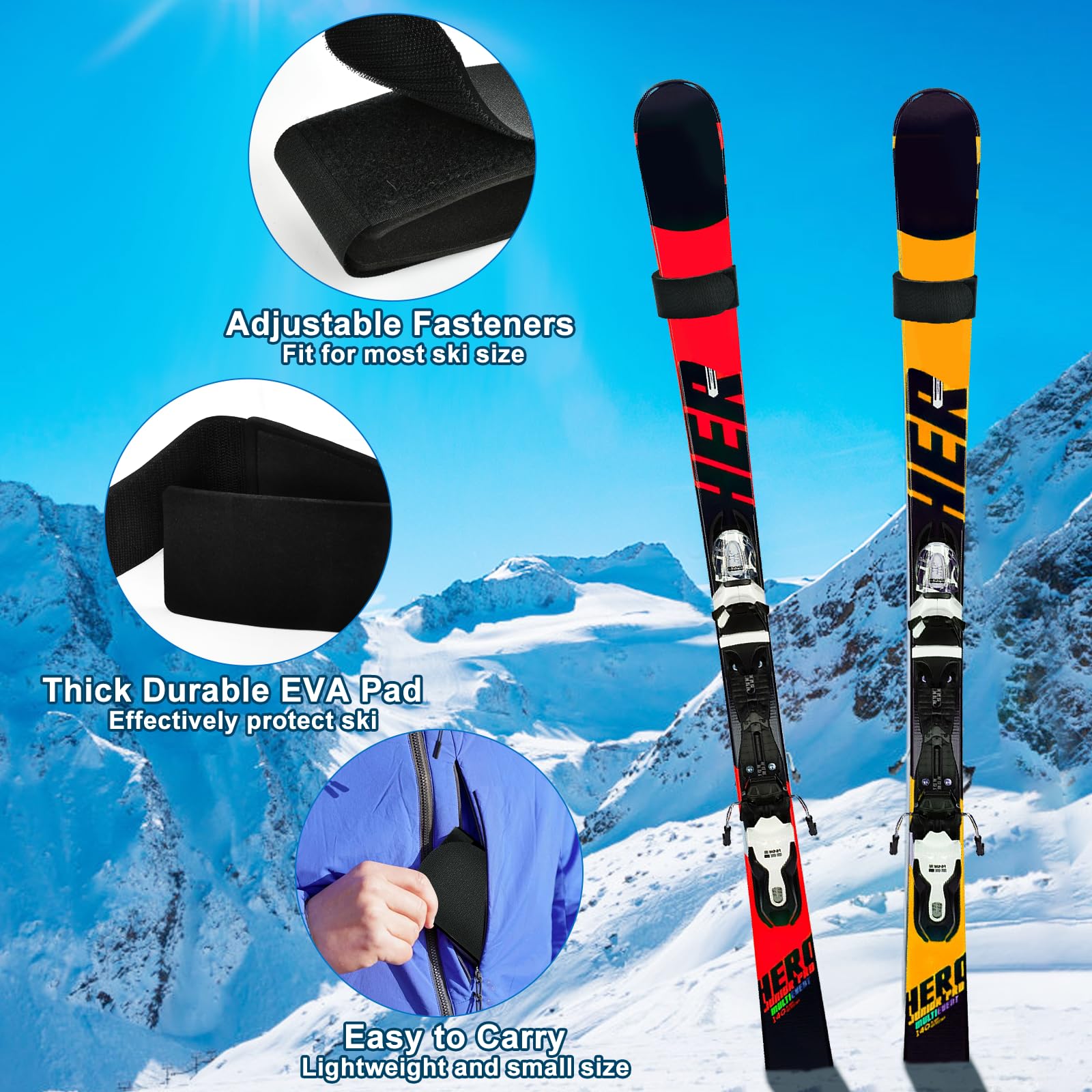 Transport Chaussures Ski Sangles Porte-ski 2 Pièces - 52,5x2,5cm - Transport Facile Bottes Ski - Boucles 360° Antidérapantes Transport Bottes Ski