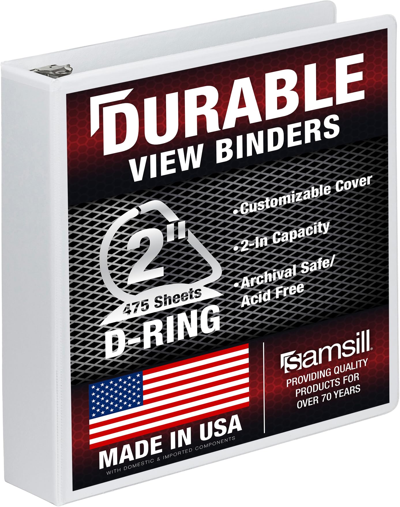 Samsill Durable 2 Inch Binder, Made in The USA, D Ring Binder, Customizable Clear View Cover, White, Holds 475 Pages — image 1