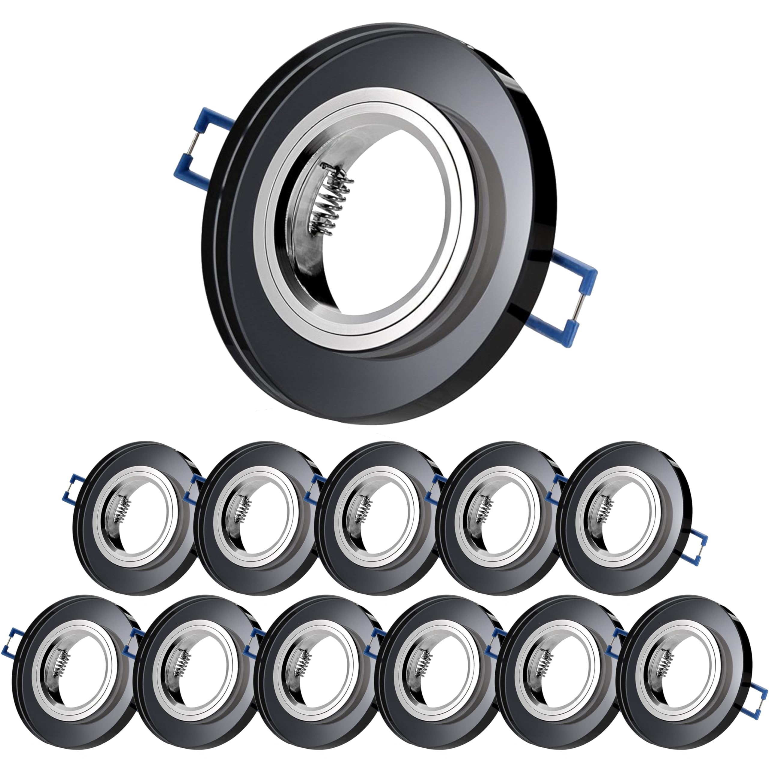 Sweet Led Einbaustrahler 230 V 12er Set – GU10 Deckenspots aus Glas Schwarz inkl. Fassung, Einbaurahmen, Ø 68 mm Runde Rahmen für Decke