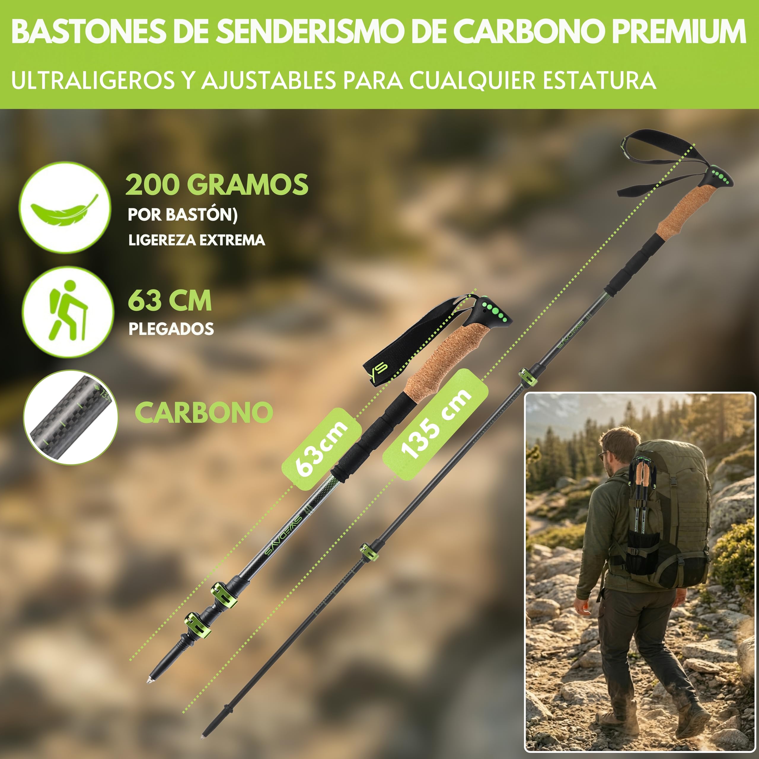 Bastones Senderismo Telescopicos Plegables: Aluminio o Carbono, Mango Corcho, Ajustables 63-135cm. Palos Trekking Ligeros para Montana, Alpinismo, Marcha Nordica