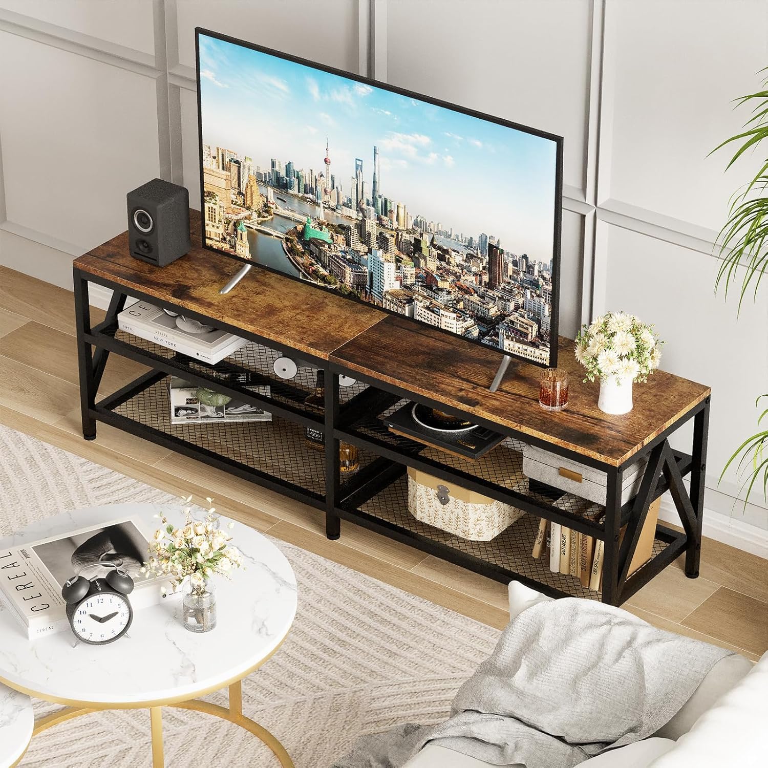 Szafka pod telewizor, szafka pod telewizor do 70 cali, szafka pod telewizor z 3 otwartymi półkami, regał pod telewizor do salonu, sypialni, 160 x 40 x 50 cm, wzornictwo przemysłowe, stalowy stelaż
