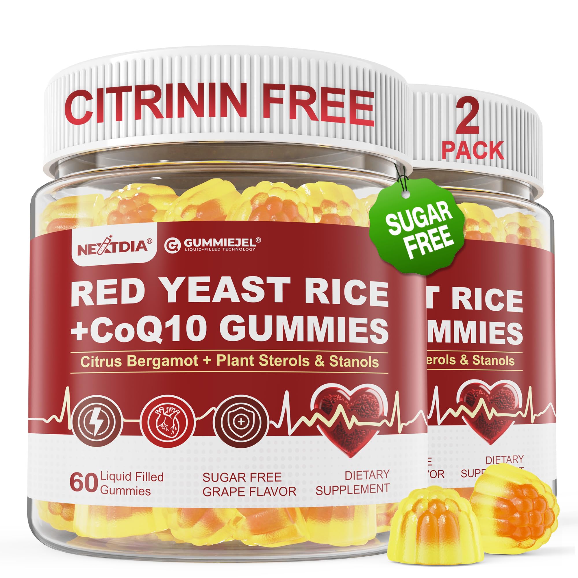 Red Yeast Rice Gummies with CoQ10 for Ages 50+, Sugar Free, Vegan, 120 Cts 60 Count (Pack of 2)