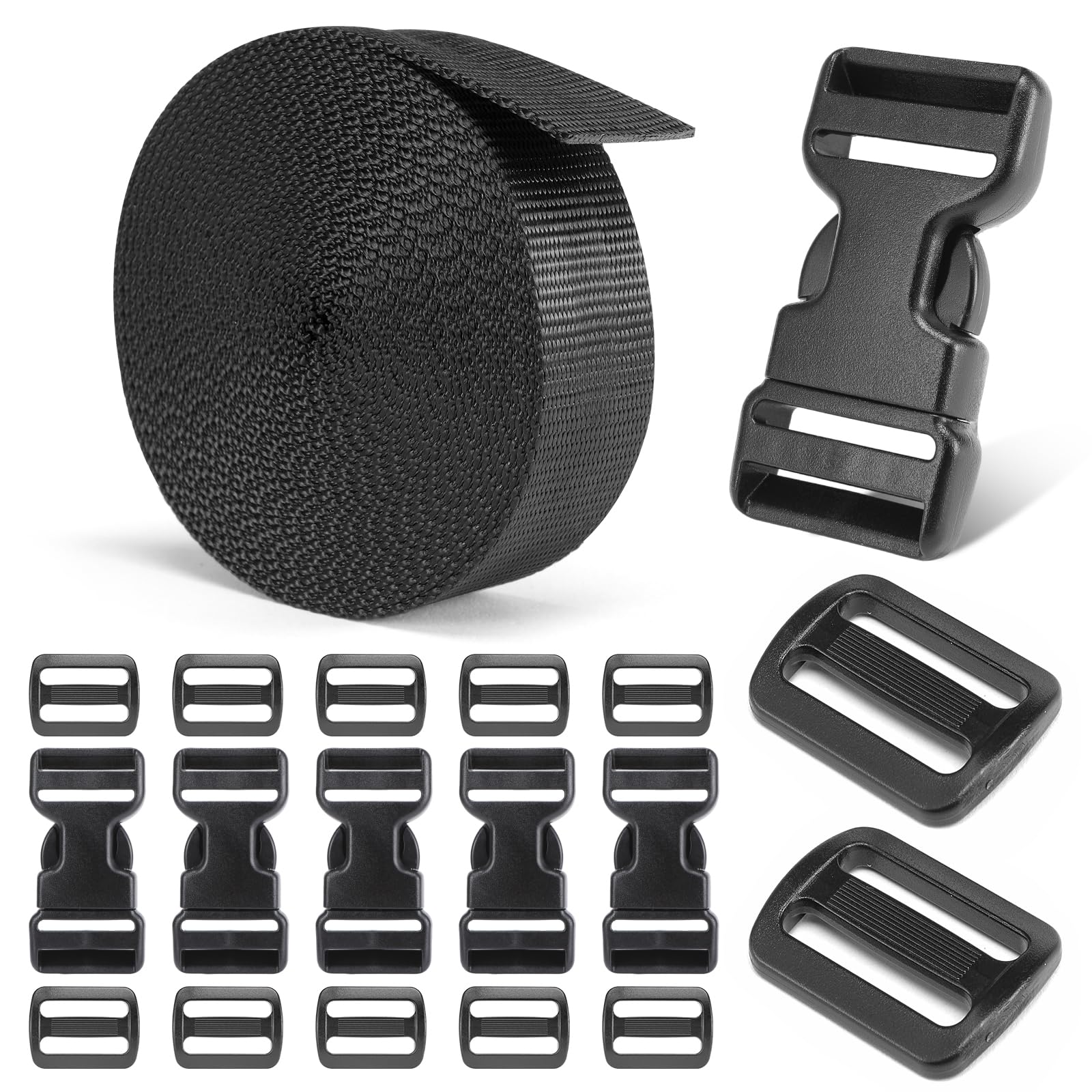 BEYOURD Heavy-Duty Buckles and Strap Set 1-1/4": 6 Yards of Thick Nylon Webbing, 6-Pack Adjustable Quick Side Release Plastic Buckles, 12 Tri-Glide Slide Clips, Black (1 1/4 Inch Combo Set)