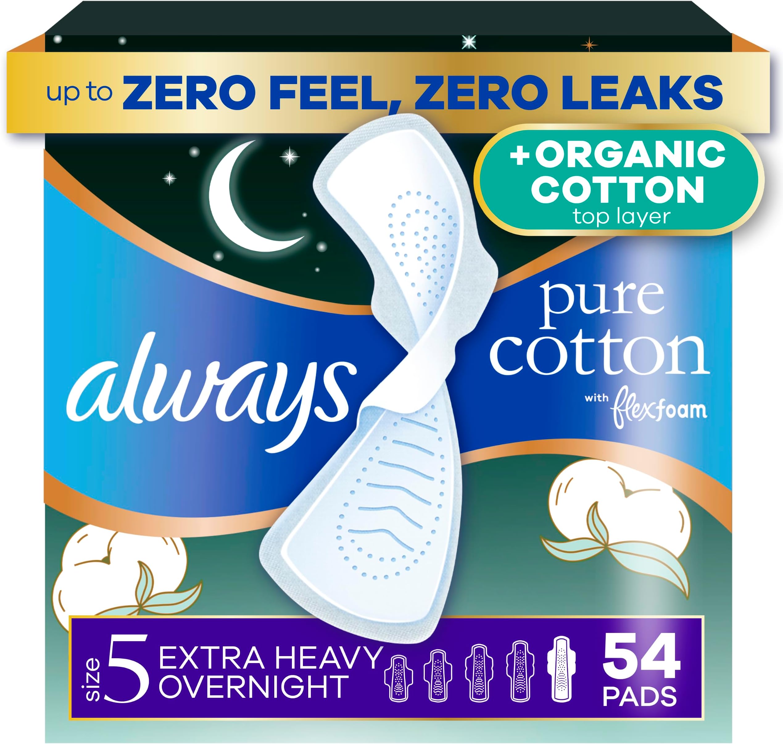 Pure Cotton, organic cotton top layer pads for women with wings, feminine care, period menstrual sanitary postpartum, toallas sanitarias para mujer, Size 5 Extra Heavy Overnight Unscented, 54ct