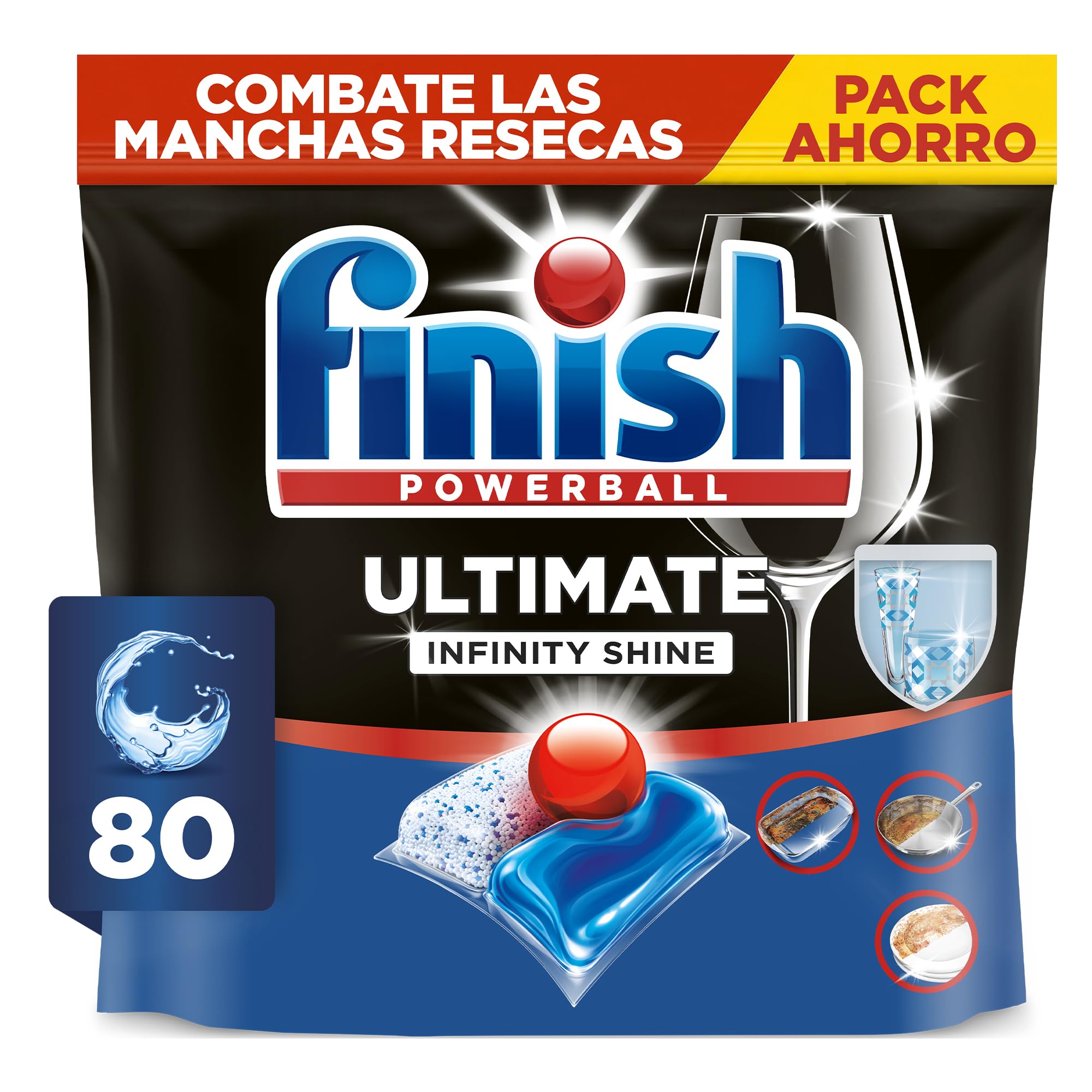 Finish Powerball Ultimate Infinity Shine, pastillas para el lavavajillas con poder quitagrasas y protección del cristal, 80 pastillas