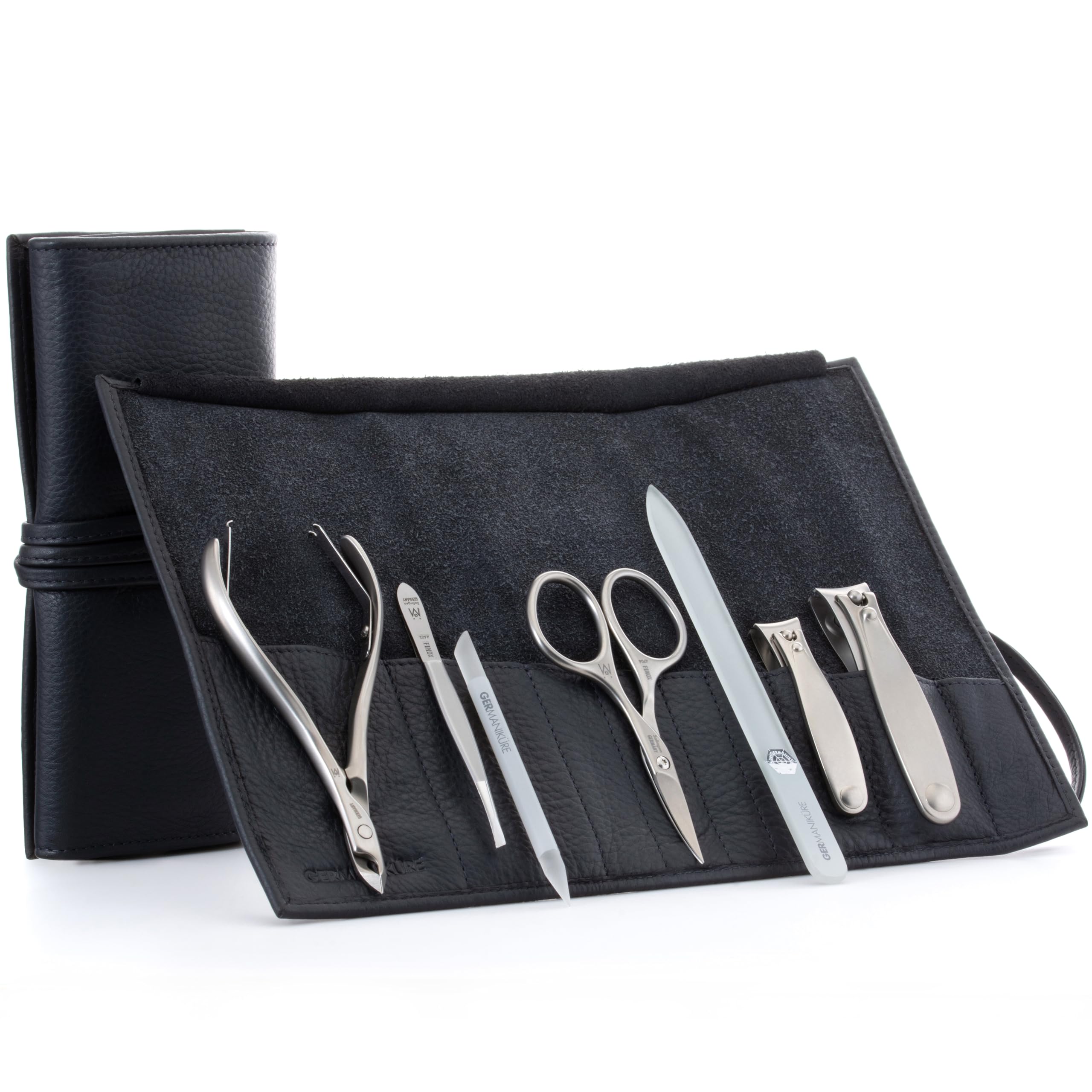 GERMANIKURE 7pc Manicure Set in Black Leather Case - FINOX Stainless Steel Tools Made in Germany, Glass Nail Care Supplies Made in Czech Republic –
