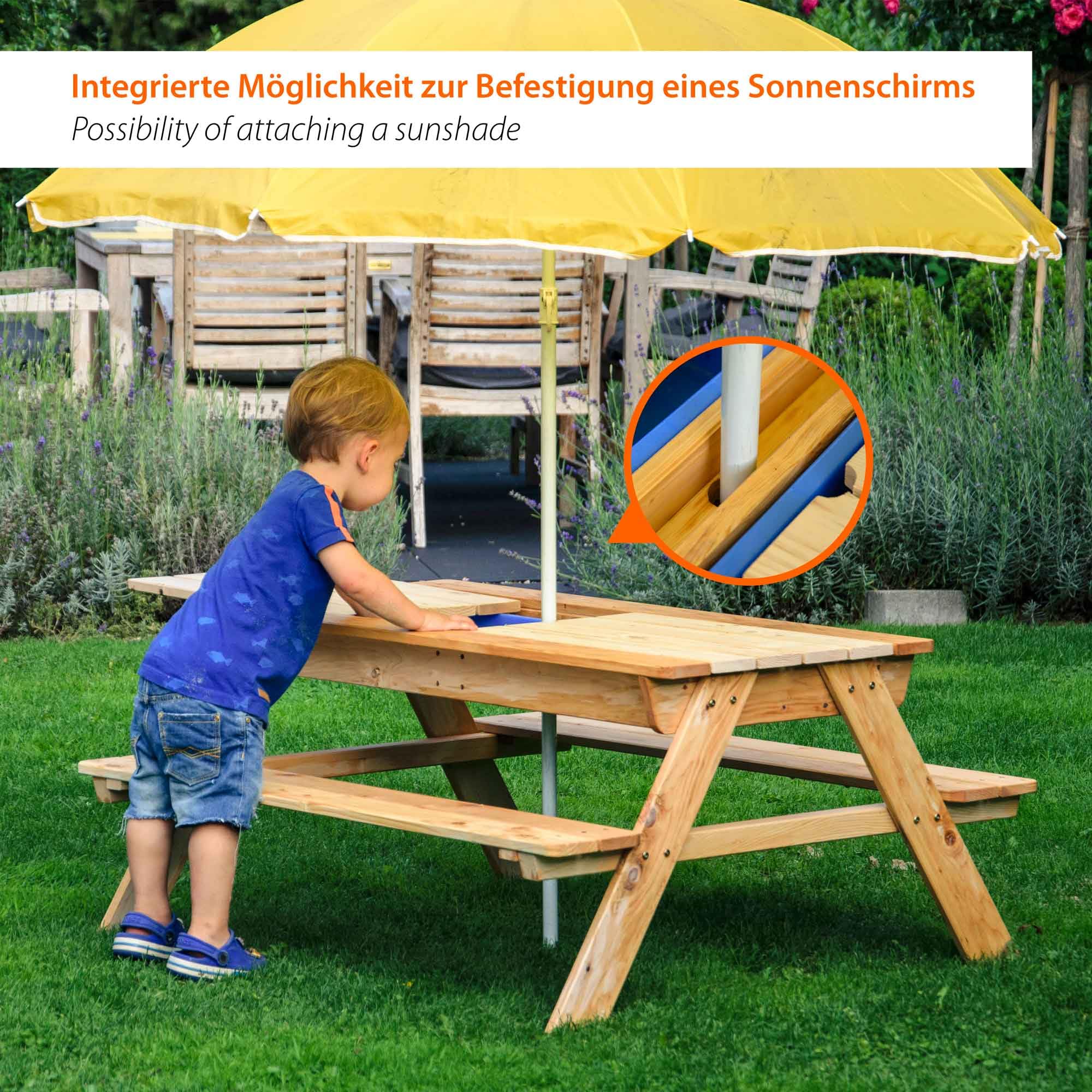 dobar® 94361FSCe dziecięcy stół do gry na błoto | stół do zabawy na piasek i wodę w zestawie z 2 wyjmowanymi skrzyniami na błoto | duży zestaw fotelików dziecięcych | 4 miejsca siedzące | 107 x 94 x