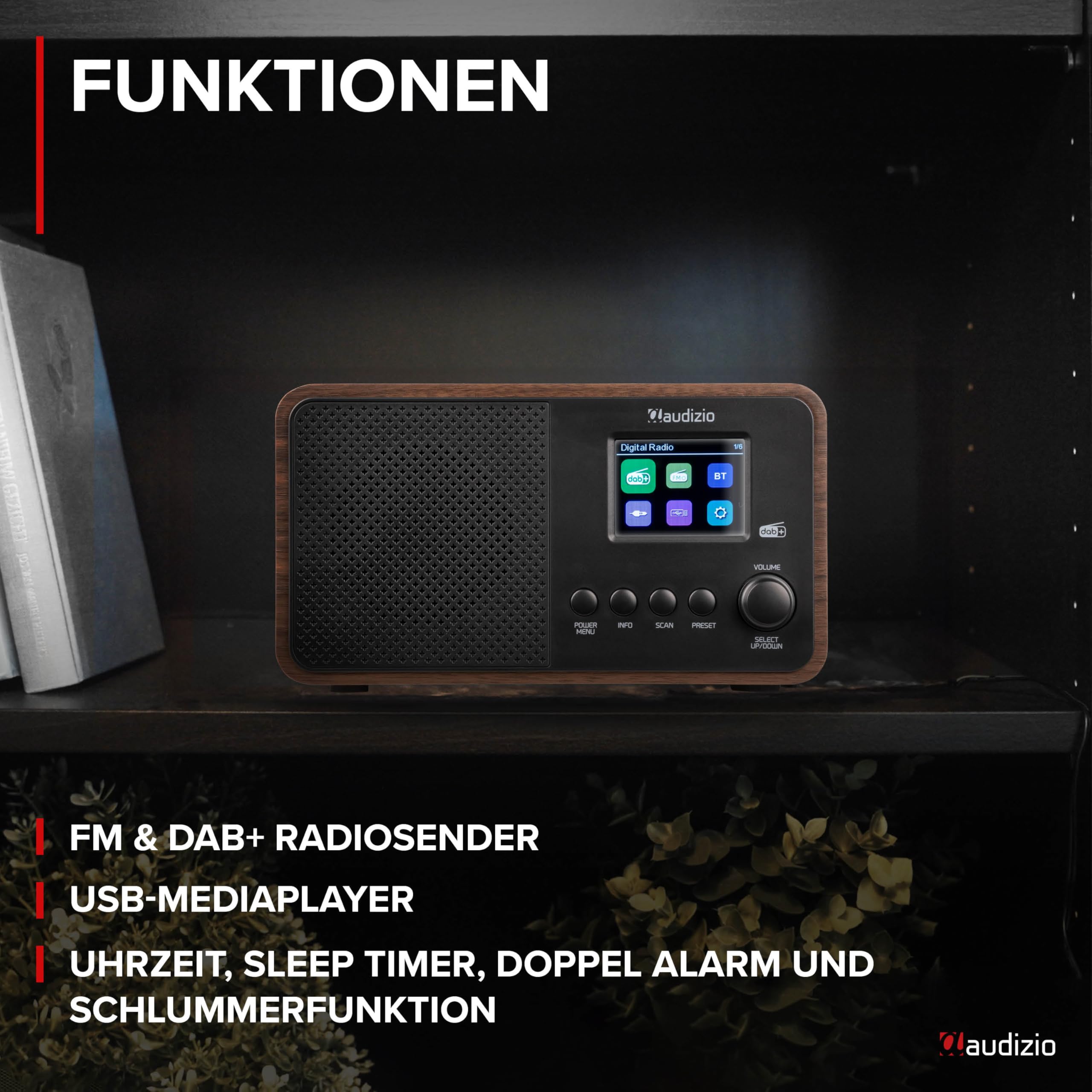 Audizio Avio - Kompaktes DAB Plus Radio mit Bluetooth, Digitalradio, FM & UKW, AUX, 30W Lautsprecher, 40 Speicherplätze, Küchenradio mit Display, Radiowecker mit Sleeptimer, Auto-Suchlauf - Schwarz