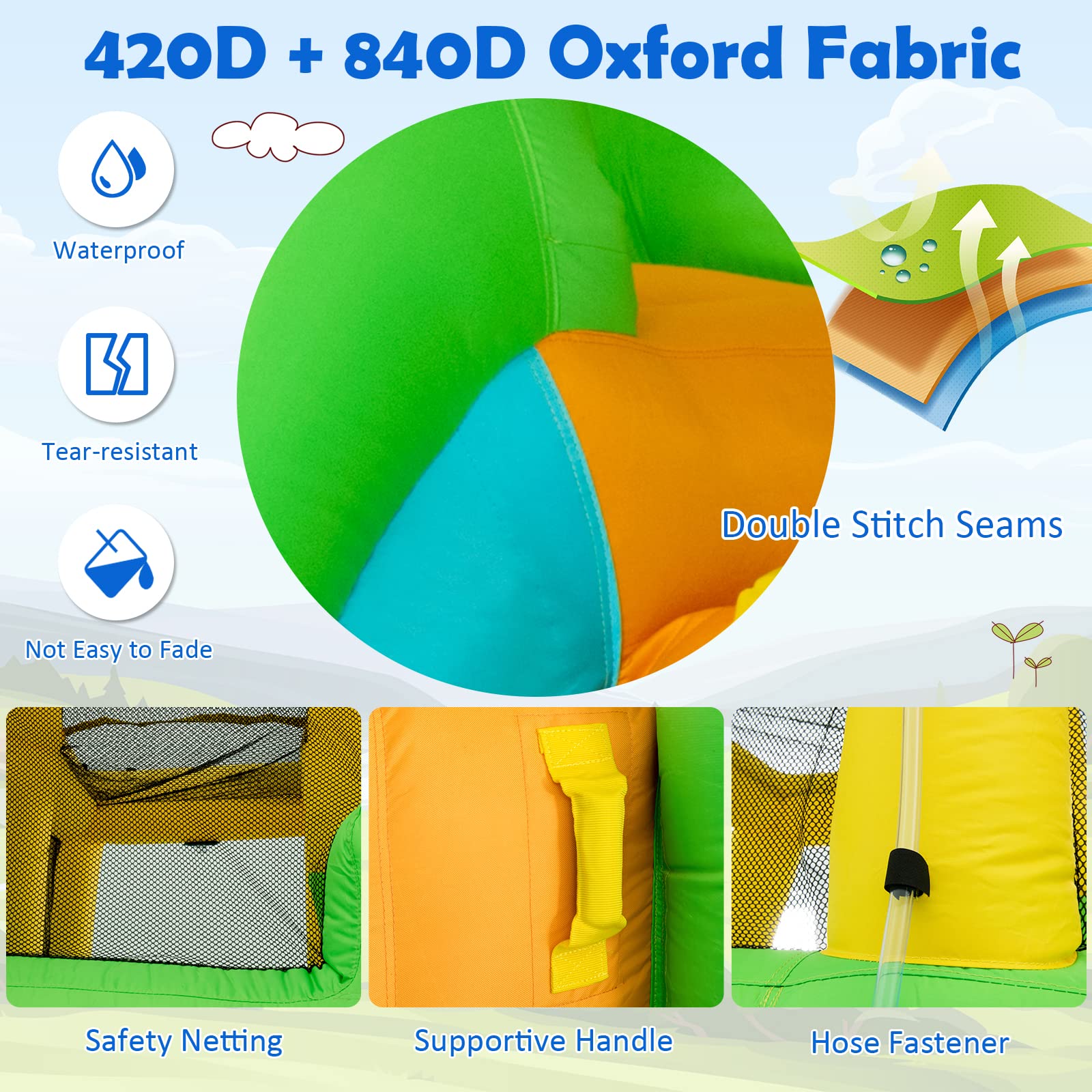 Close-up of the 420D + 840D Oxford Fabric, highlighting waterproof, tear-resistant, and fade-resistant properties, along with double stitch seams, safety netting, supportive handle, and hose fastener.