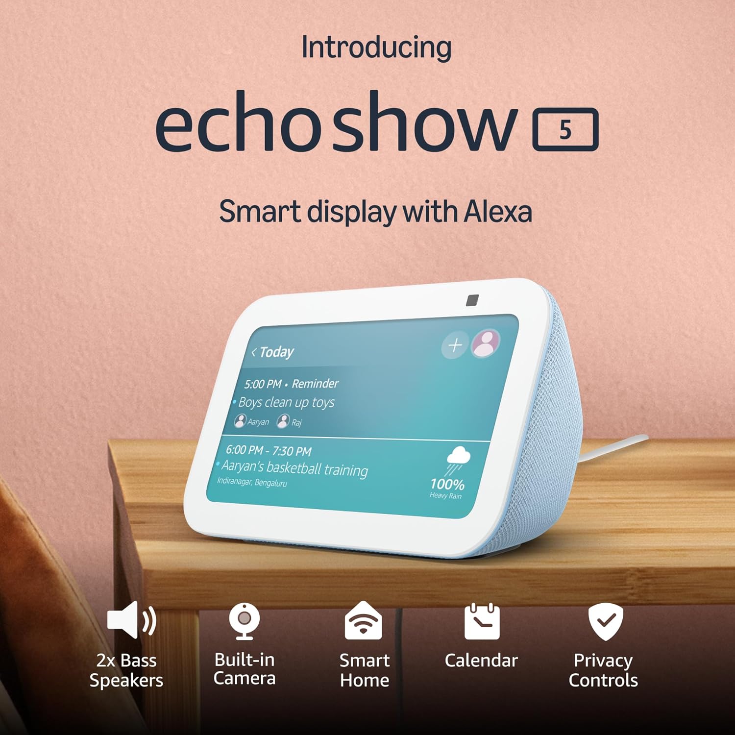 Amazon Echo Show 5 (latest model) | Smart display with Alexa, 2x bass speaker, clearer sound, camera for home monitoring, bluetooth | Cloud Blue Amazon Echo Show 5 (latest model) | Smart display with Alexa, 2x bass speaker, clearer sound, camera for home monitoring, bluetooth | Cloud Blue