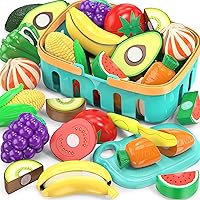 MOEAWS Cutting Play Food Toys for Kids - 28pc Fake Fruits & Vegetables Set with Basket, Board & Knife - Toddler Pretend Kitchen Educational Toy 3+