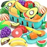 Cutting Play Food Toys For Kids, Pretend Play Kitchen Accessories, Fake Fruits/Vegetables Set With Shopping Storage Basket, Plastic Board And Knife, Birthday Gifts/Educational Toy For Toddler Children
