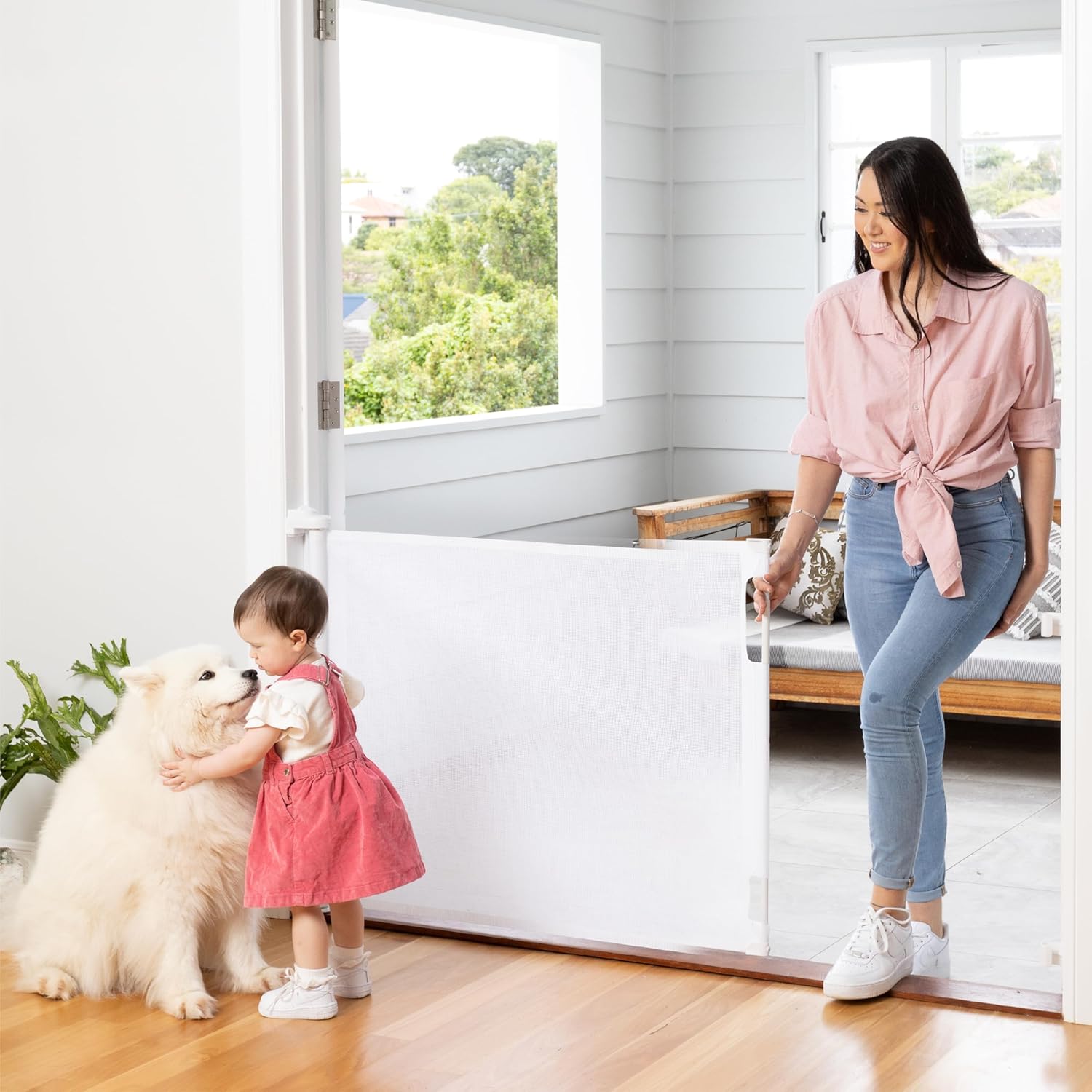 Retractable Baby Gate Perma Child Safety 33\" Tall x 71” Wide, Mesh, for Stairs, Doorways, Dogs, Pets, Indoor, Outdoor, One-Handed Operation, Locking, Easy Install, Hardware Mount, White White 33\" Tall x 71\"