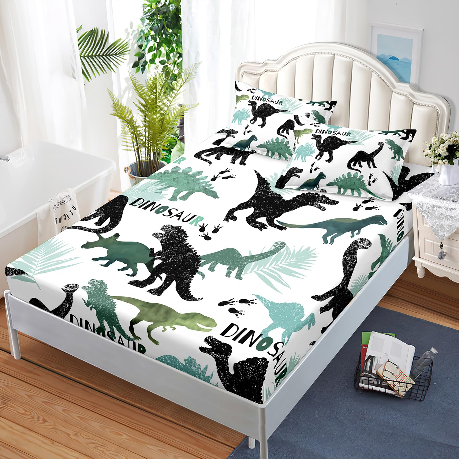 AILONEN Dinosaur Twin XL Kids Fitted Sheet Set, Black and Green Dinosaur Bed Sheet Set, Soft Fitted Sheet with 2 Pillowcases for Boys