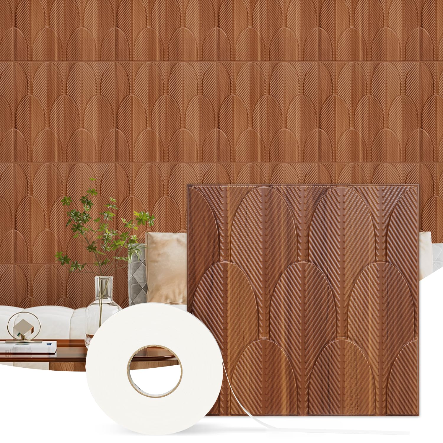 Photo 1 of (WHITE)STICKGOO 12 Pack 3D Wall Panels, Decorative PVC Wall Panels with Double Sided Tape, 19.7" x 19.7", Cactus Design, 3D Textured Wall Panels for Interior Wall Decor, 32 Sq.Ft, Rosewood