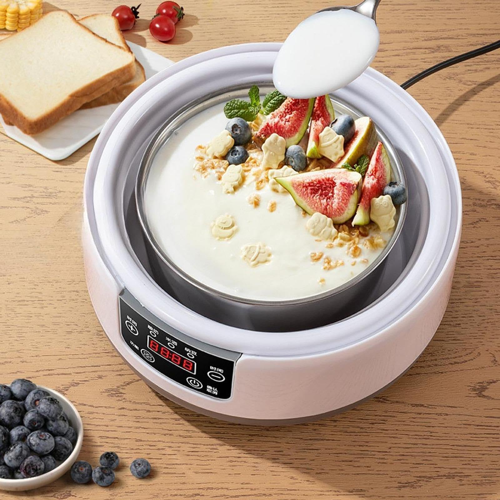 perfk Yogurtiera Macchina elettrica per yogurt, Funzione di temporizzazione a basso rumore Yogurt Contenitore interno professionale in acciaio