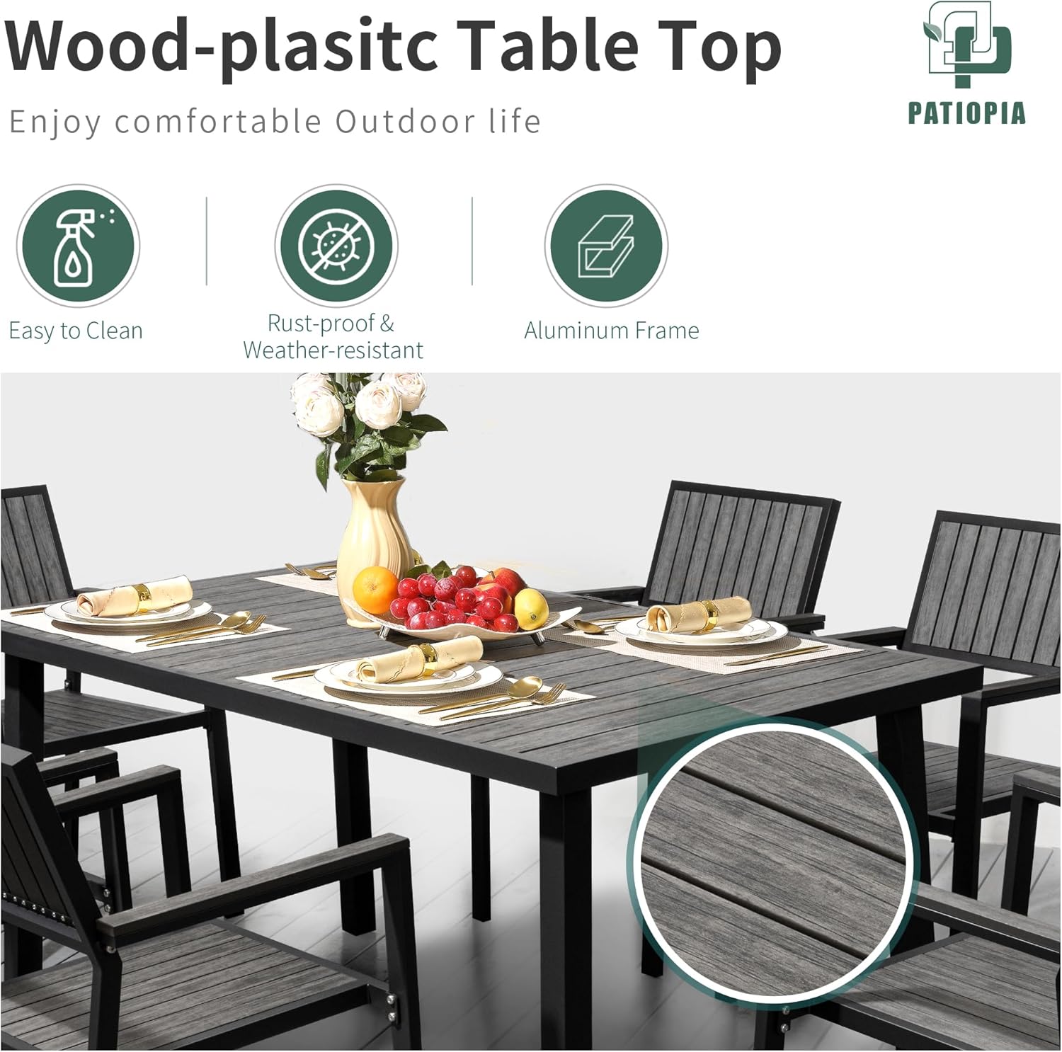 8-Piece Patio Dining Set，Aluminum Outdoor Furniture Set with Wood Table Top,Patio Table and Chairs Set with 6 Outdoor Stackable Chairs for Patio Garden Poolside，Ink