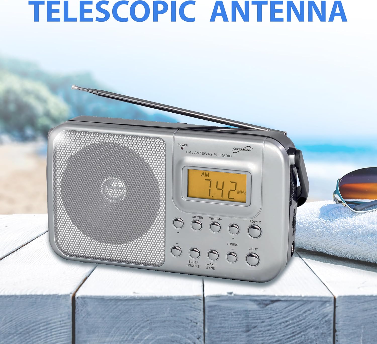 Supersonic SC-1091 4 Band AM/FM/SW1-2 PLL Portable Radio with Digital LCD Display, Clock, Alarm, Volume Control, Built-in Speaker, Telescopic Antenna, Foldable Handle, AC/DC Power and Battery Option