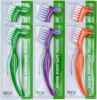 Soft Bristle Denture Brushes (Pack of 6) Dual Head Denture Brush for Dental Appliances - Dental Brush with Handle and Two Heads for Dentures, Retainers, Partial Dentures, Aligners, Mouthguards