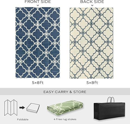 Miniatura 2 de Ashler - Alfombra de paja de plástico para exteriores, 5 x 8 pulgadas, reversible, color azul, diseño moderno con flores para caravana, patio