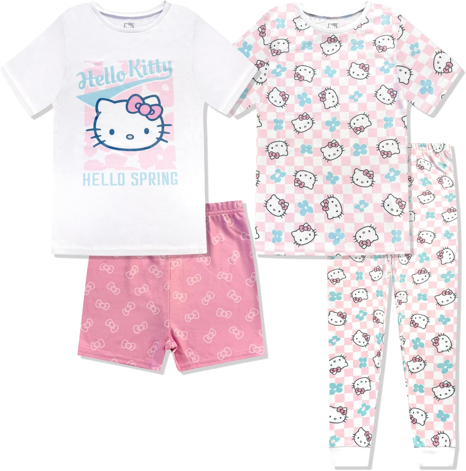 Hello Kitty Girls 4 Piece Pajama Set - Tight Fit Soft Short Sleeve Shirt, Shorts & Pants - Kids Sleepwear - Official License