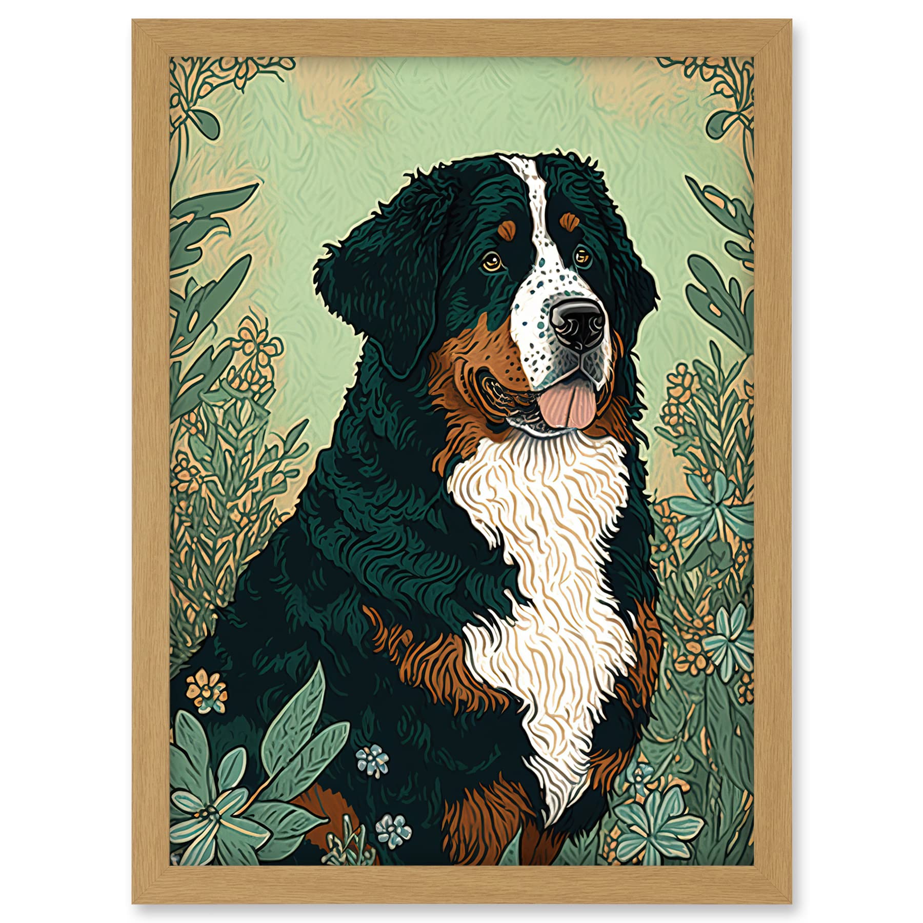 Artery8 Bernese Mountain Dog in Wildflower Field Modern Illustration Artwork Framed A3 Wall Art Print