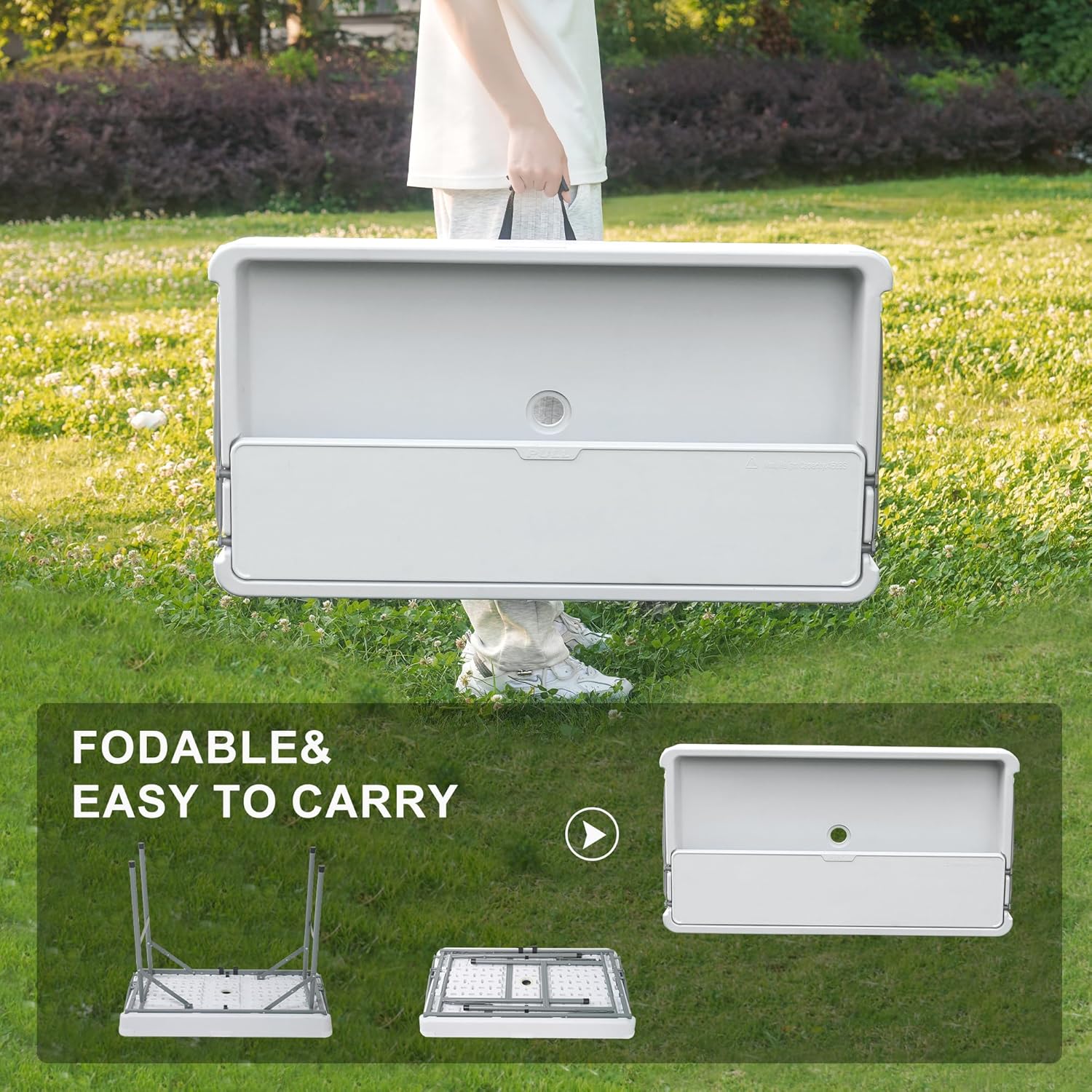 Allpop 2 Tiers Folding Ice Cooler Table with Matching Skirt, Portable Party Table with Grid Rack & Drain Hose for Patio Picnic Camping Wedding, White