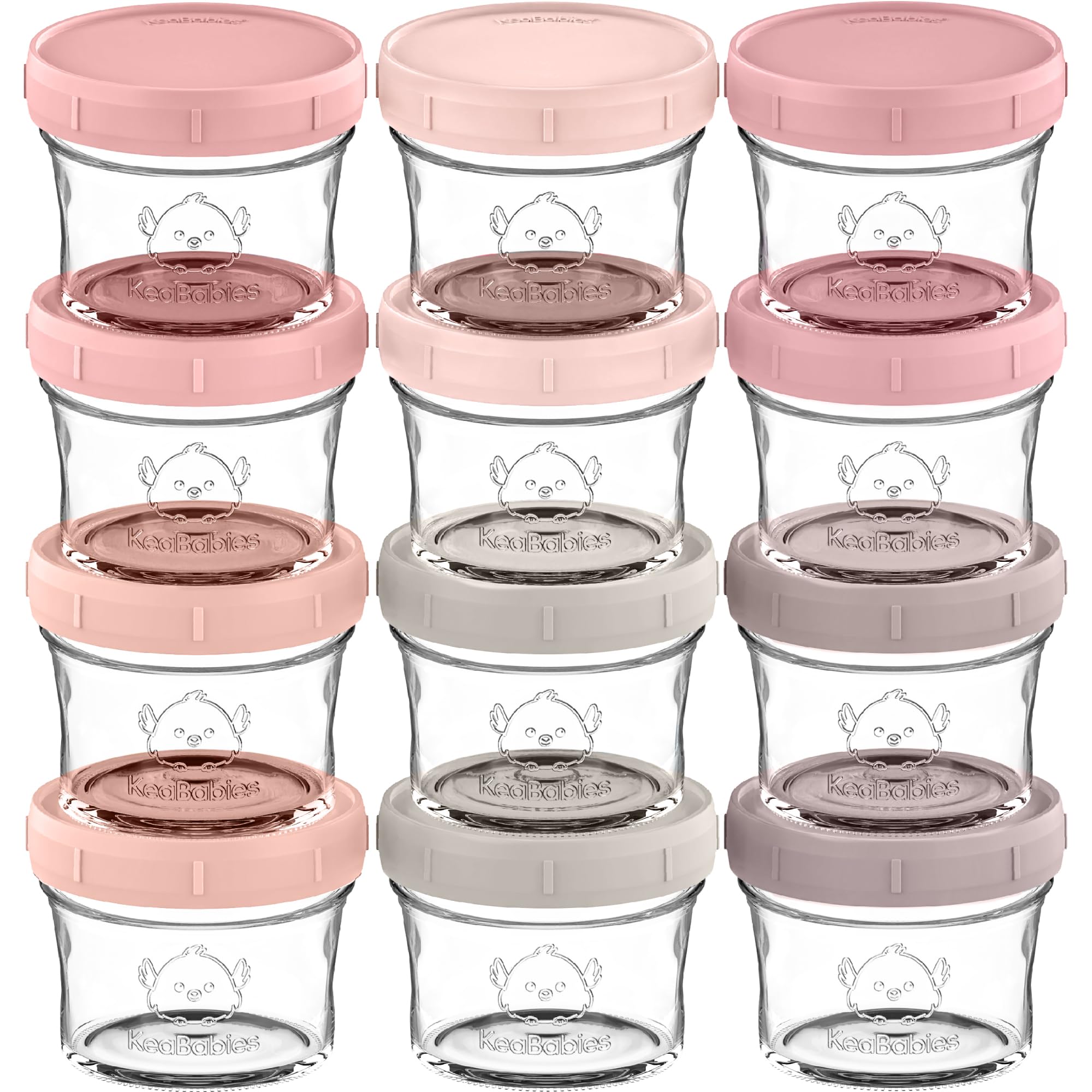 KeaBabies 12-Pack Glass Baby Food Containers - 4 oz Leak-Proof, Microwavable Baby Food Storage Containers, Baby Food Freezer Tray, Puree Glass Baby Food Jars, Baby Bullet Jars with Lids (Roseate)