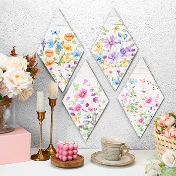 Yerliker 4 Pcs Floral Wall Decor for Home Indoor Wooden Hanging Flower Wall Decal Diamond Frame Watercolor Wildflower Artwork for Nursery Dining Room Bathroom Porch, 11.8 x 6.7 Inch