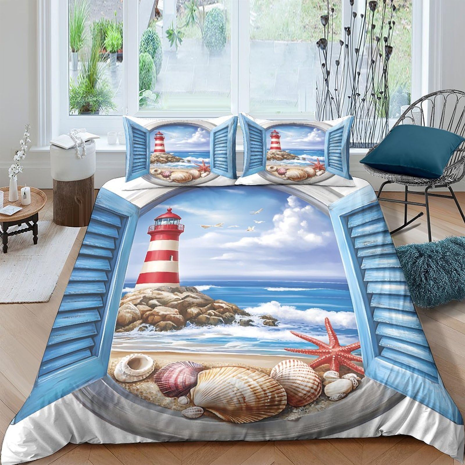 GPLZQXKJNH 3D Printed Lighthouse Seaside Duvet Cover Microfiber Soft Nautical Shells Bedding Set with 2 Pillowcases for Bedroom Apartment Single（135x200cm）