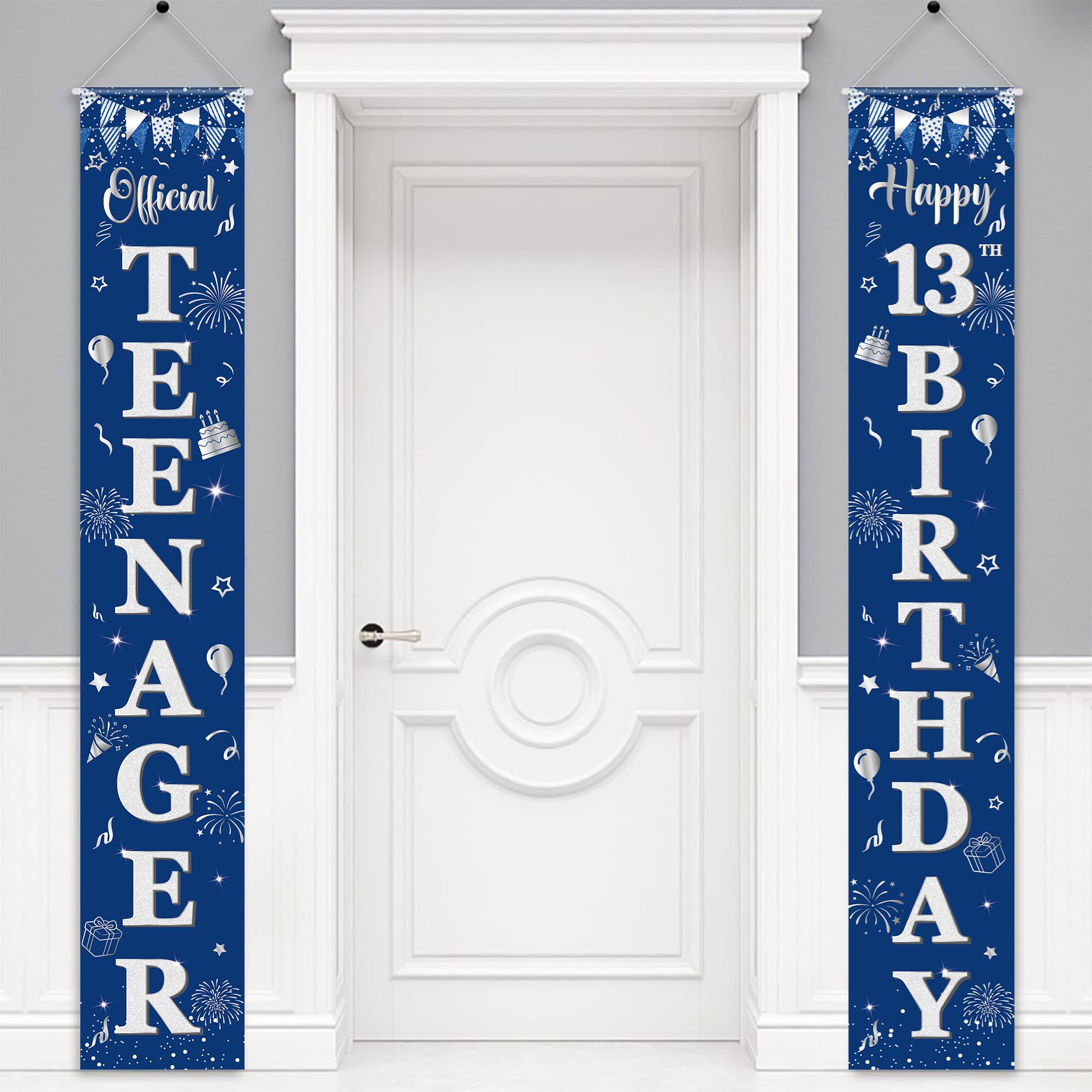13th Birthday Decorations Banner Boy - 2 Pcs Blue Silver Door Banner Official TEENAGER and Happy 13th BIRTHDAY Hanging banners Set for Boys Teenager Party Supplies, 180 x 30 cm