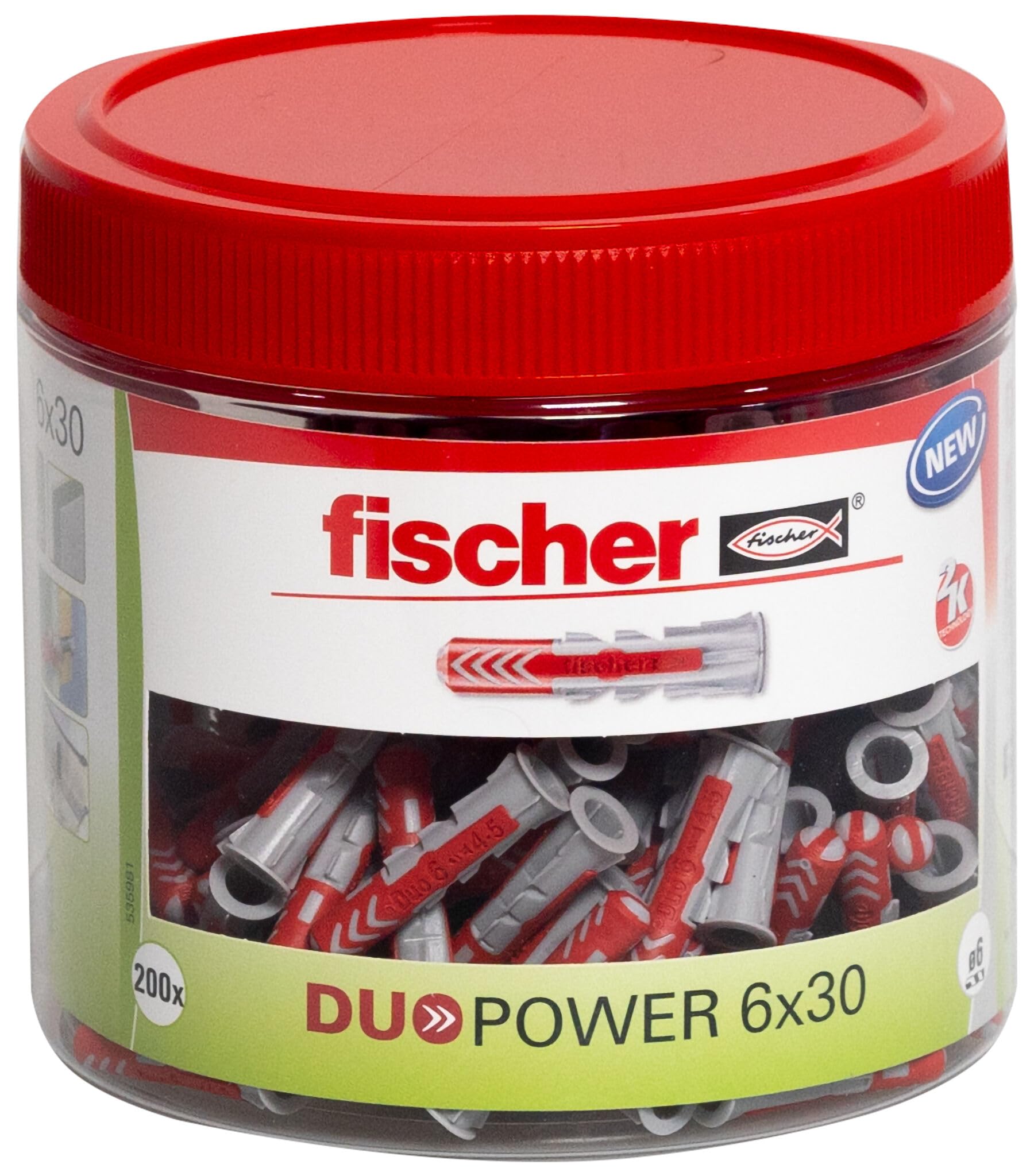 fischer DuoPower 6 x 30, handliche Runddose mit 200 Universaldübeln, leistungsstarker 2-Komponenten-Dübel, Kunststoffdübel zur Befestigung in Beton, Ziegeln, Stein, Gipskarton uvm.