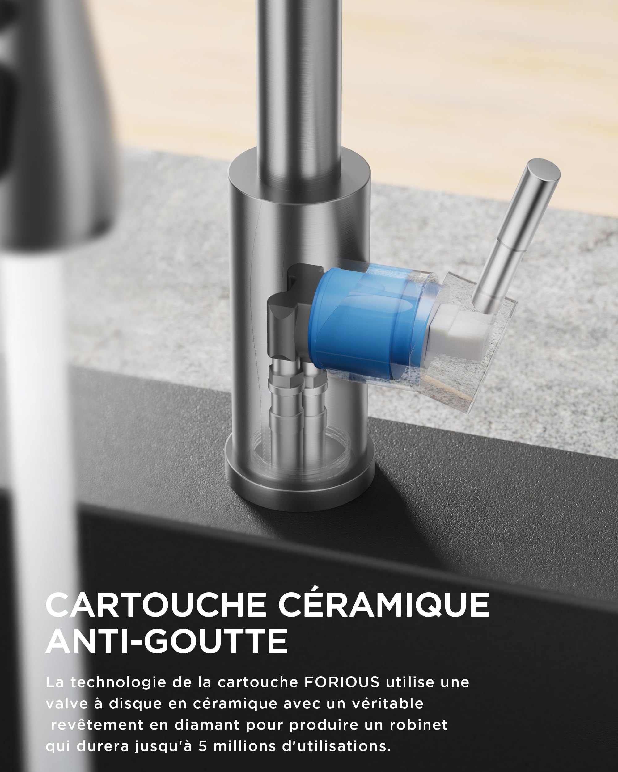 FORIOUS Robinet Cuisine, Mitigeur Cuisine, Pivotant à 360° d'Évier à Arc Élevé Pulvérisateur Escamotable 2 Modes, Acier Inoxydable