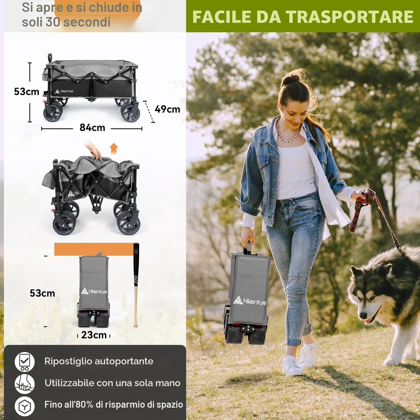 HIKENTURE - Carrellino pieghevole da 135 l, portata: 150 kg, con pneumatici larghi, con freni, carrello per la spesa, colore nero e grigio