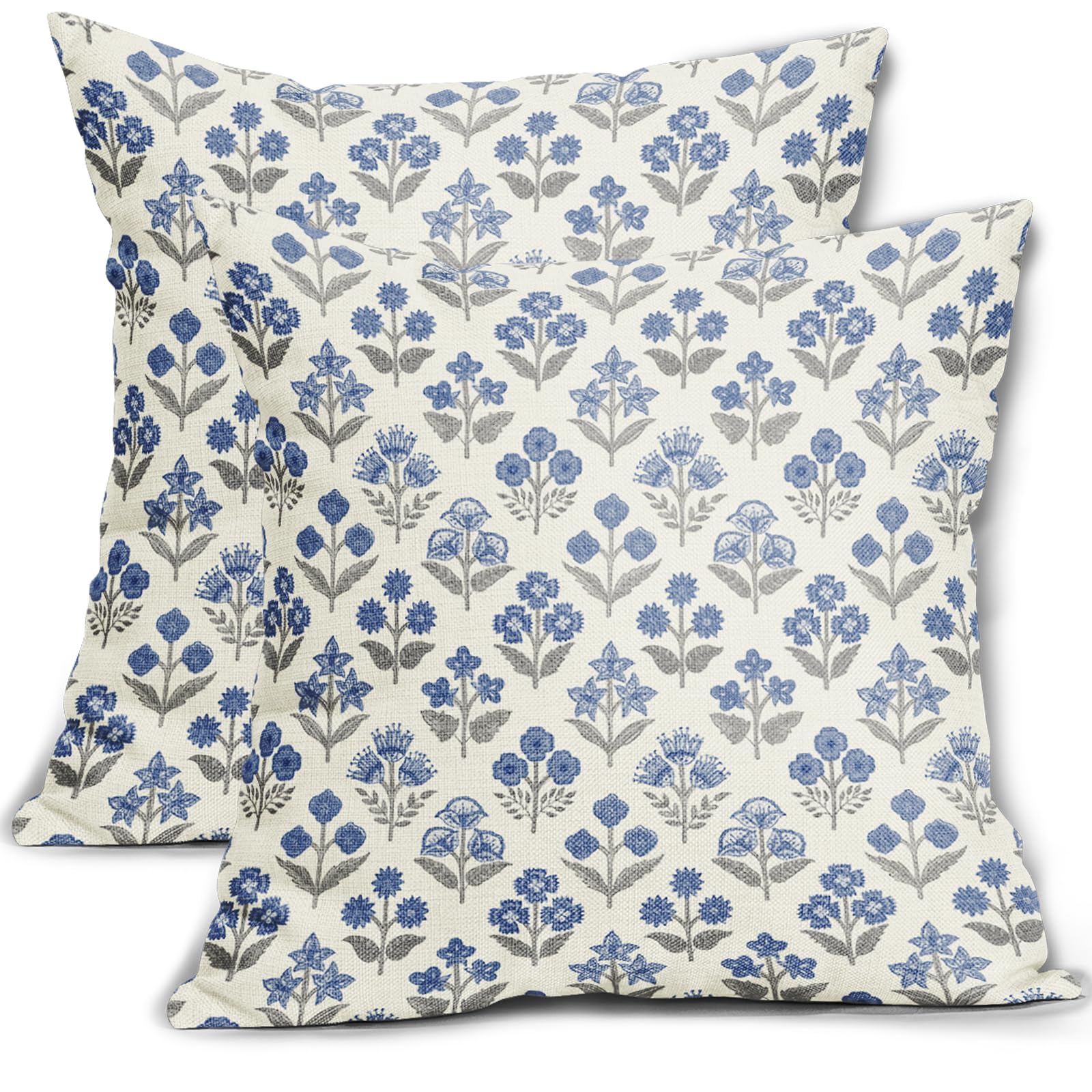Blue Grey Gray Floral Block Print Pillow Covers 16x16 Inch Set of 2, Vintage Flower Pattern Decorative Throw Pillowcases Outdoor Farmhouse Cushion