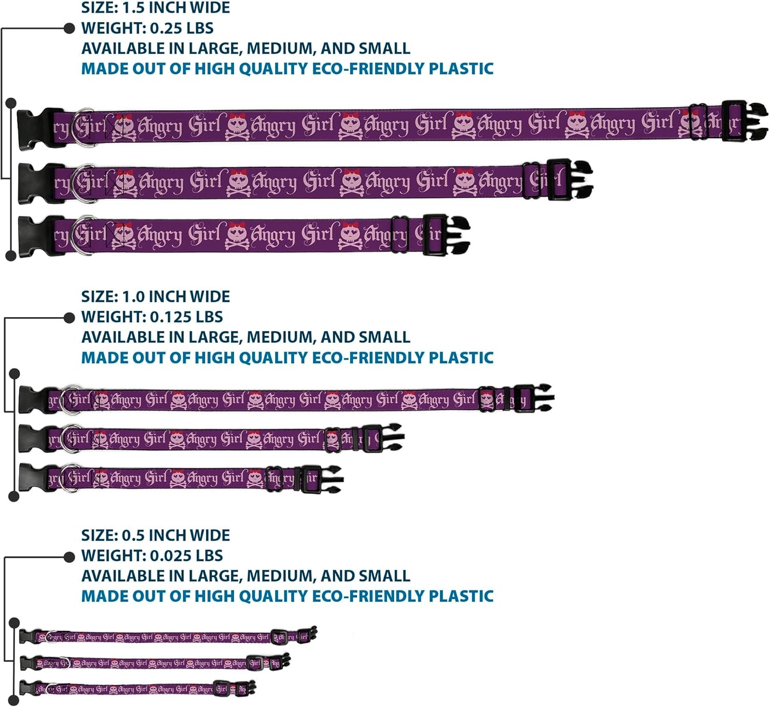 Buckle-Down PC-W30120-WM Angry Girl Purple/Pink Plastic Clip Collar, Wide Medium/16-23"