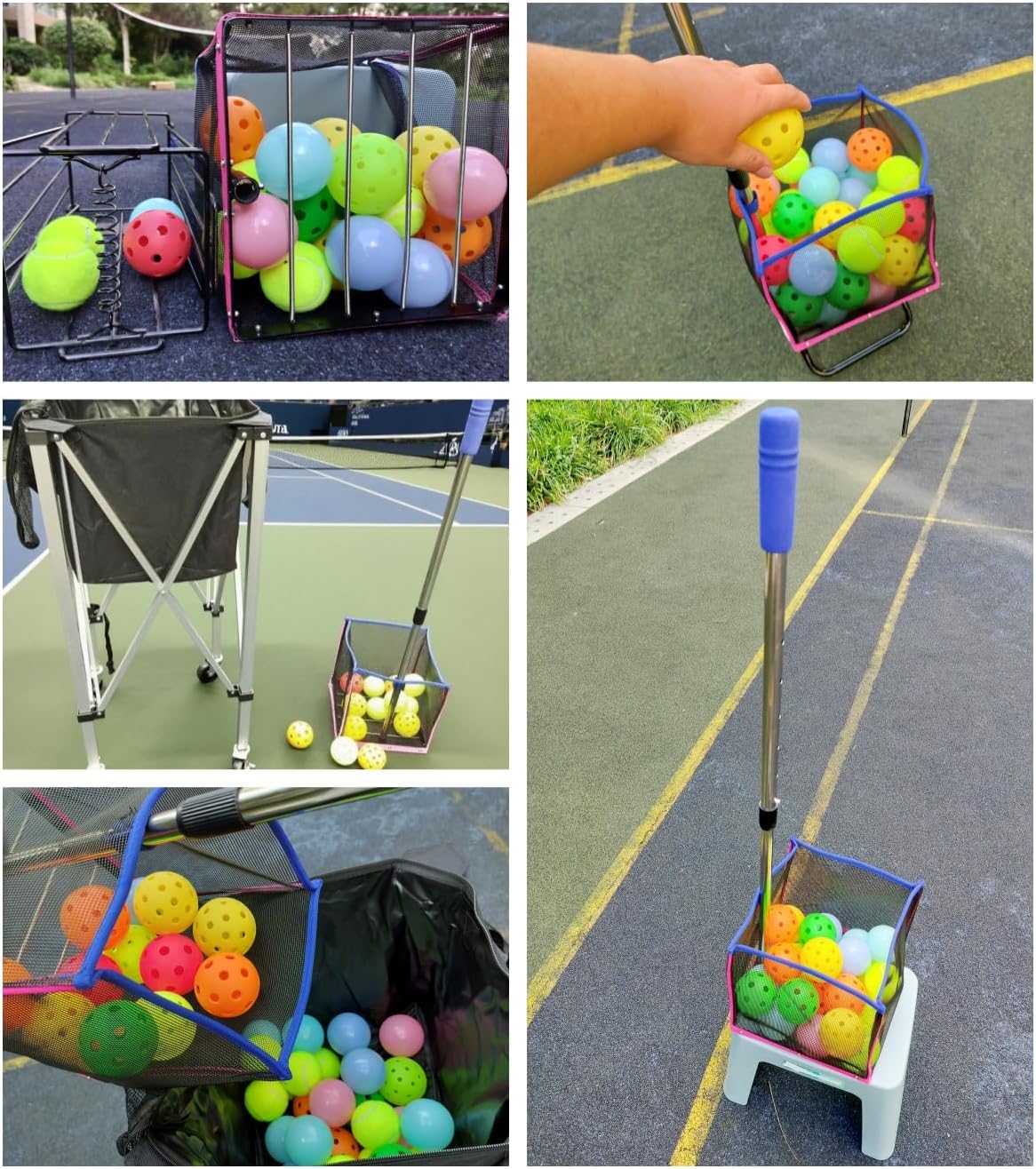 Pickleball Ball Retriever, 40+ Balls Capacity Hopper Holder with Telescopic Stainless Steel Handle, Foldable Portable Ball Collector for Court Training, No Bending Quick Pickup Tool