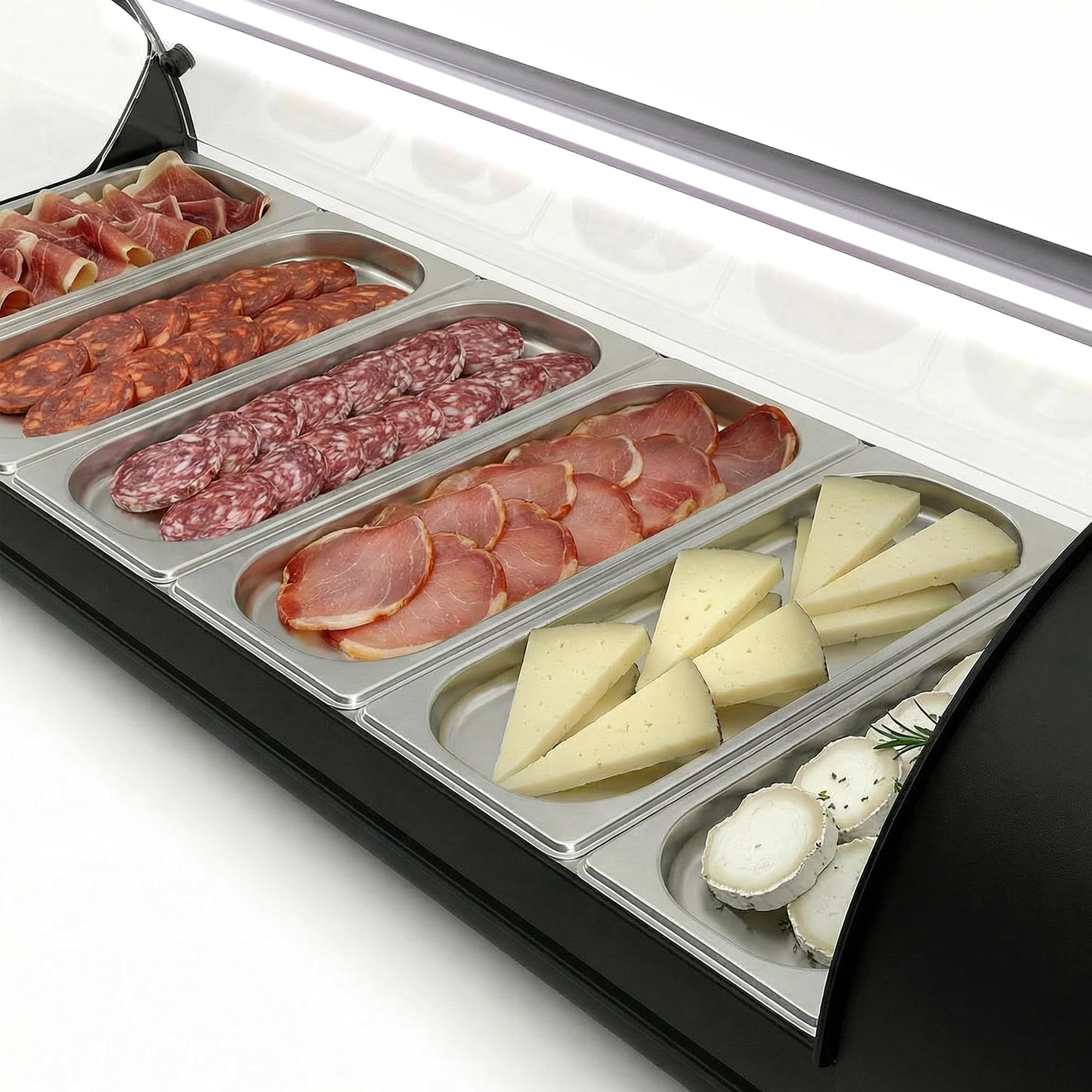 WORLDMAI x SAYL Deckelvitrine 144 x 40 cm 6 Eimer GN 1/3 Gastronomie Professionelle Kühlvitrine mit LED-Beleuchtung für Bar Restaurant