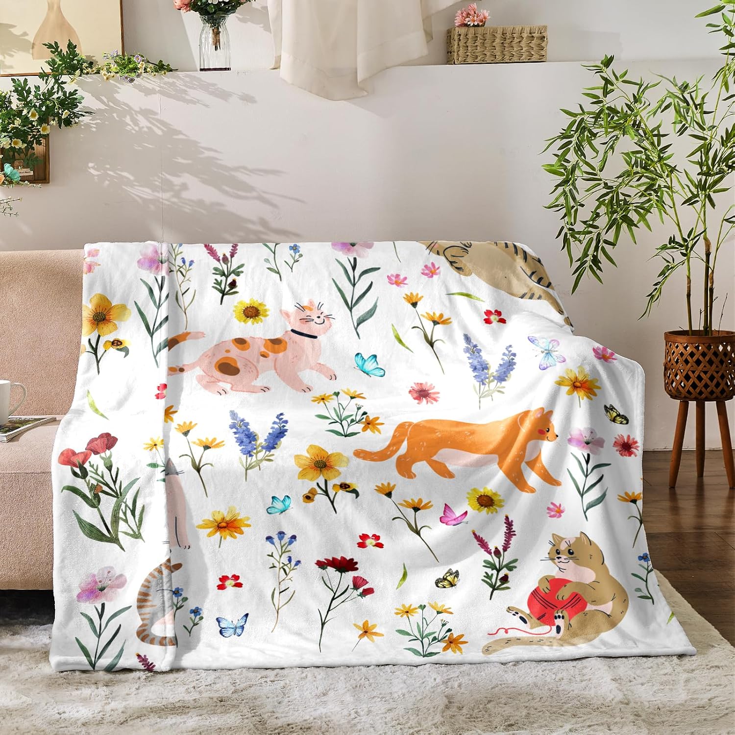 Floral Throw Blanket Birthday Gift for Women Mom Girls Kids Cat Lover Cat Flower Blanket Summer Wildflower Flannel Blanket Watercolor Printed Throw for Couch Sofa Bed Chair 50"x60" - Image 2