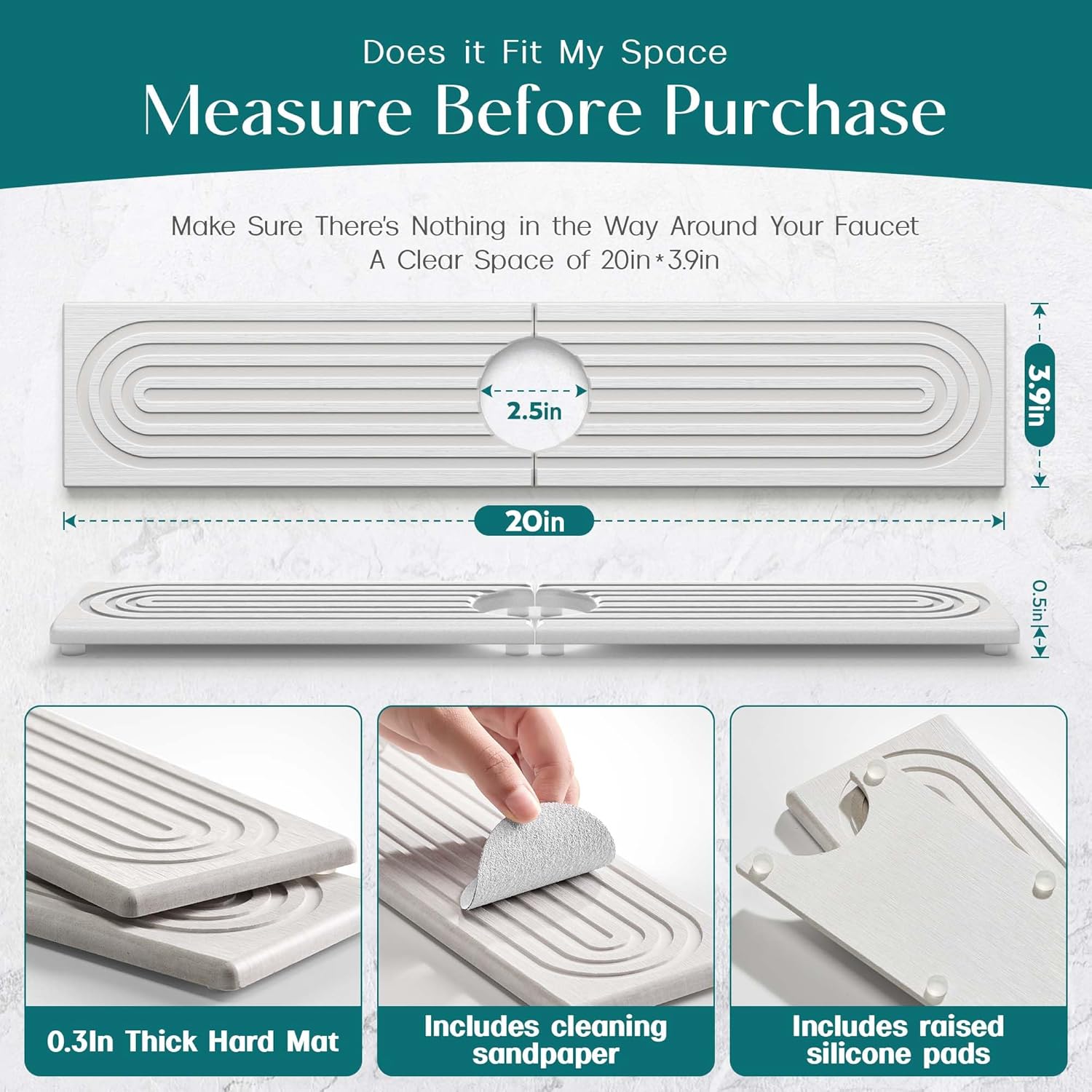 Stone Faucet Mat for Kitchen Sink – Diatomite Drying Stone Mat & Sink Protector, Prevents Moisture – Sink Splash Guard Water-Absorbing Stone Tray for Bathroom Counter (Light Grey, 20" x 3.9") Light Grey 20" x 3.9"