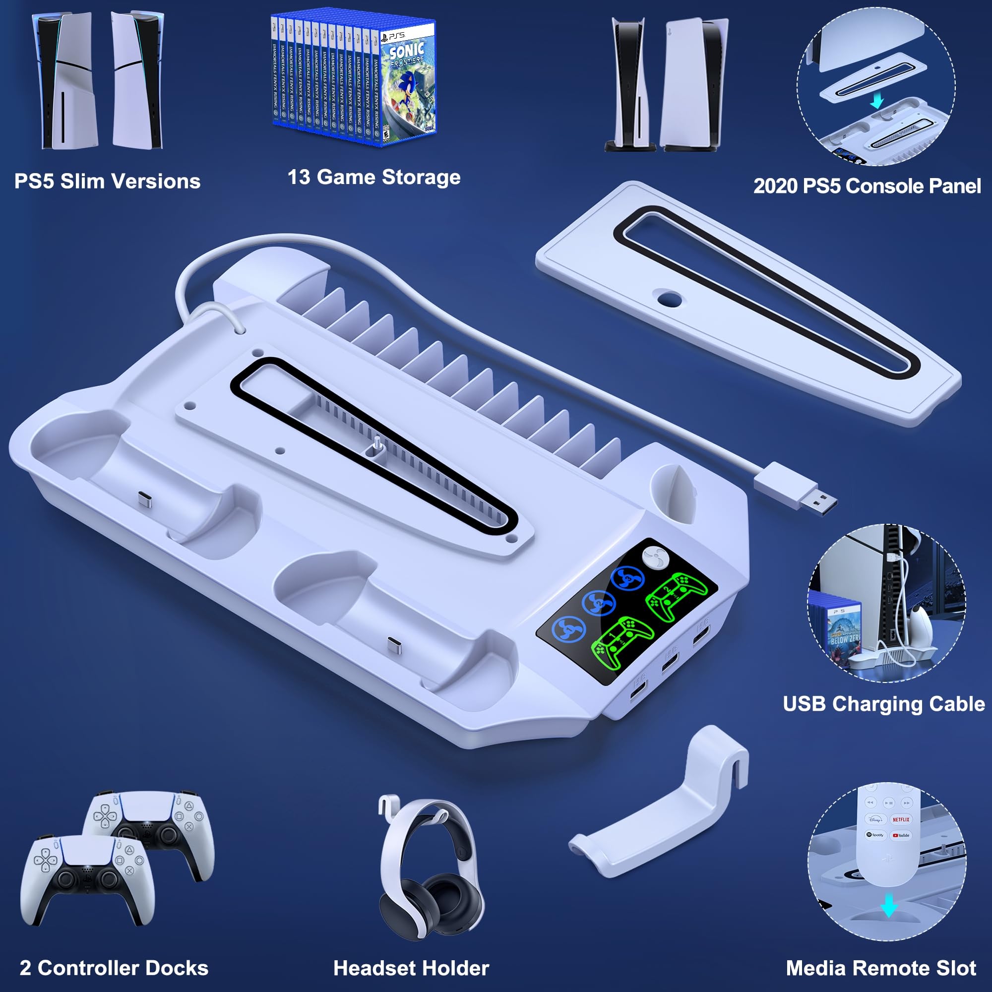 HELLCOOL Supporto PS5 Slim con Ventola di Raffreddamento, Base per Disc/Digital Edition, Doppio Ricarica Controller, 13 Slot di Gioco, 3 Porta USB, Supporto per Cuffie