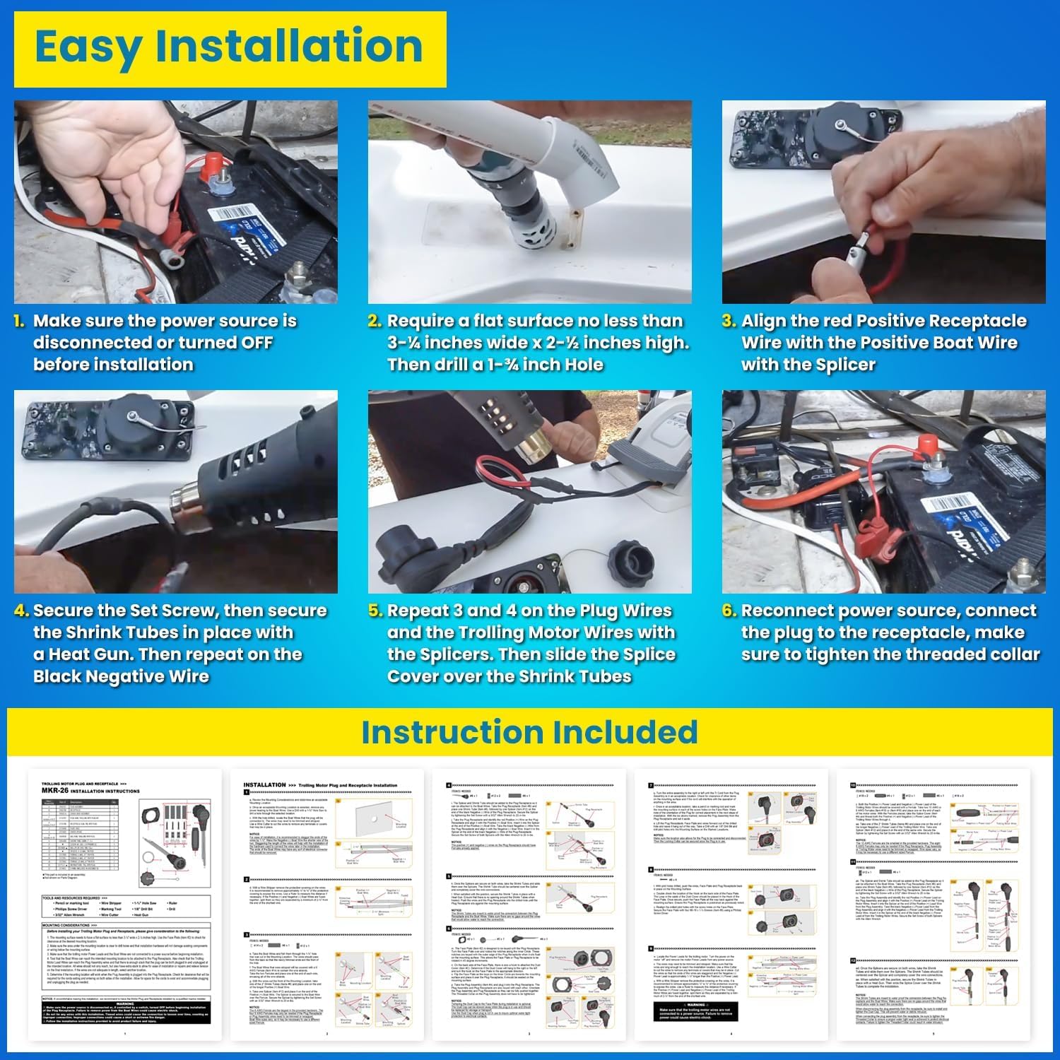 MKR-28 - Connettore e presa motore compatibile con trolling, 60 A, 48 V, sistema impermeabile per acqua dolce e salata, ricambio per Minn Kota 1865120 MKR-26 MKR-25 MKR-24 MKR-18, con supporto