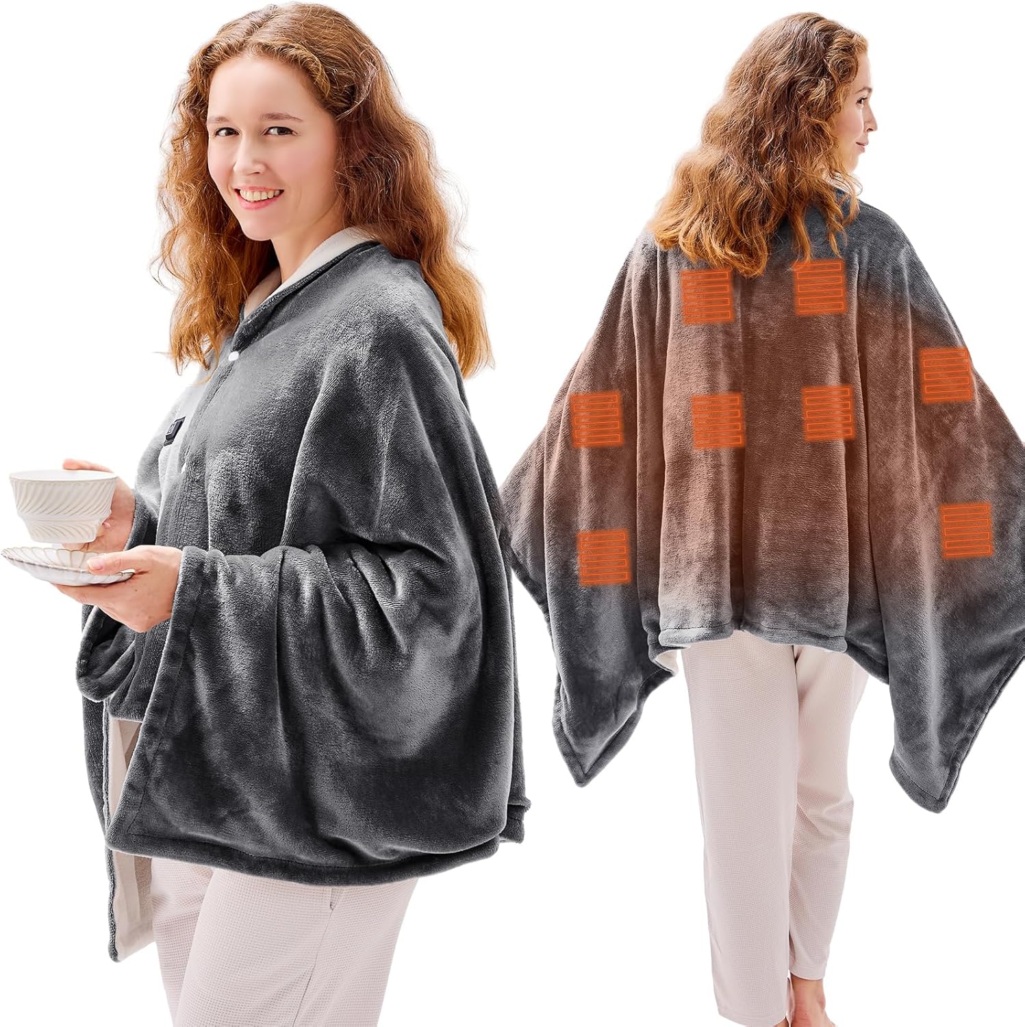 JOLLYVOGUE USB Heated Blanket Throw, Wearable & Portable Heating Electric Blanket for Adults, 3 Levels & 8 Heating Zone Shawl for Indoor & Outdoor, Dark Grey (Battery Not Included)