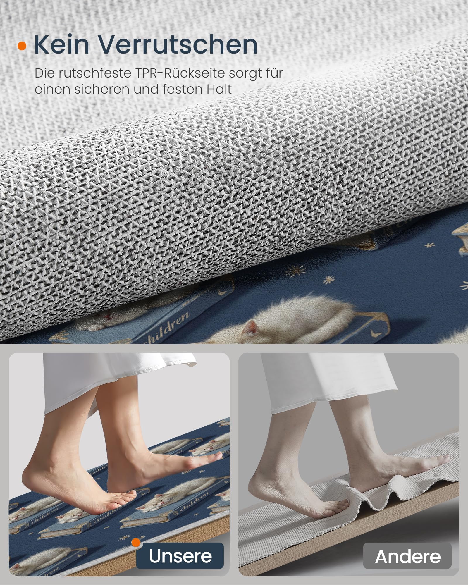 Tapis Rond De Chambre d'enfant 100 Cm - Chat Mignon Livres Bleu Marine - Motif Animaux Ciel Étoilé - Moelleux Et Antidérapant - Tapis De Salon À Poils Courts - Lavable - Moderne Doux