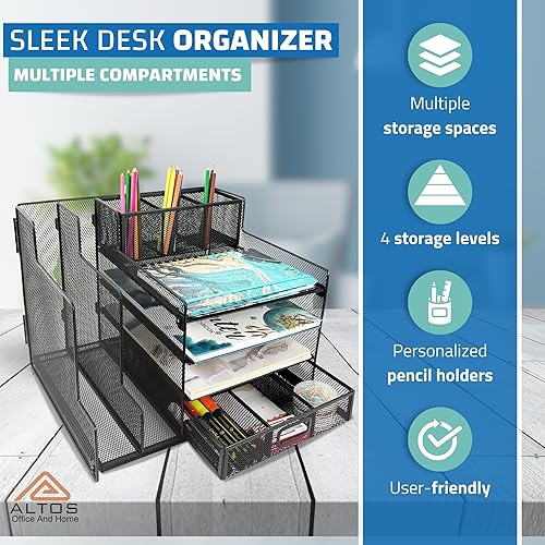 Miniatura 2 de Organizador de escritorio de malla metálica, 1 cajón deslizante, 4 bandejas horizontales y 2 secciones verticales, con 3 espacios para lápices y