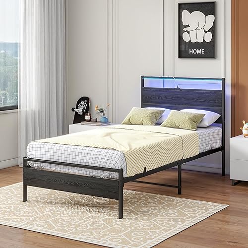 Miniatura 3 de Base de cama individual con cabeceroluces LED, marco de cama de metal tamaño individual con estación de carga, marco de cama de plataforma